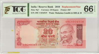 PThappally收藏第38次拍卖，英联邦地区硬币纸币 - 印度 India, 2010 20 Rupees, Sign. D. Subbarao , Pick 96j Replacement Star *  SN#  09C* 034519 TQG 66 GEPQ Gem unc