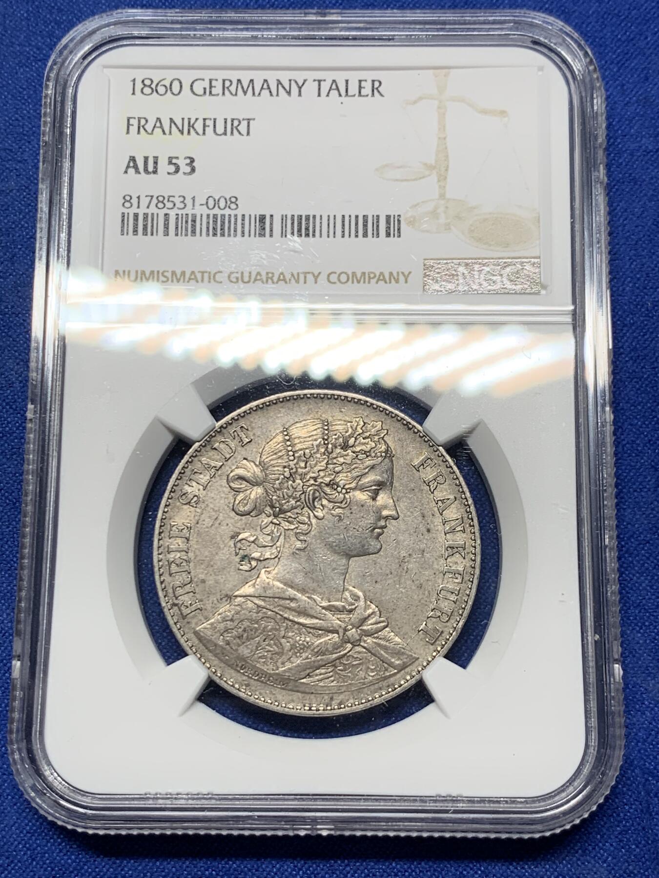 《竞宝斋》第290场- 周日，周一，周二 3场连拍 （全场包邮） NGC AU53 德国1860法兰克福少女泰勒银币 自然老包浆带底光 全鹰毛 实物更漂亮
