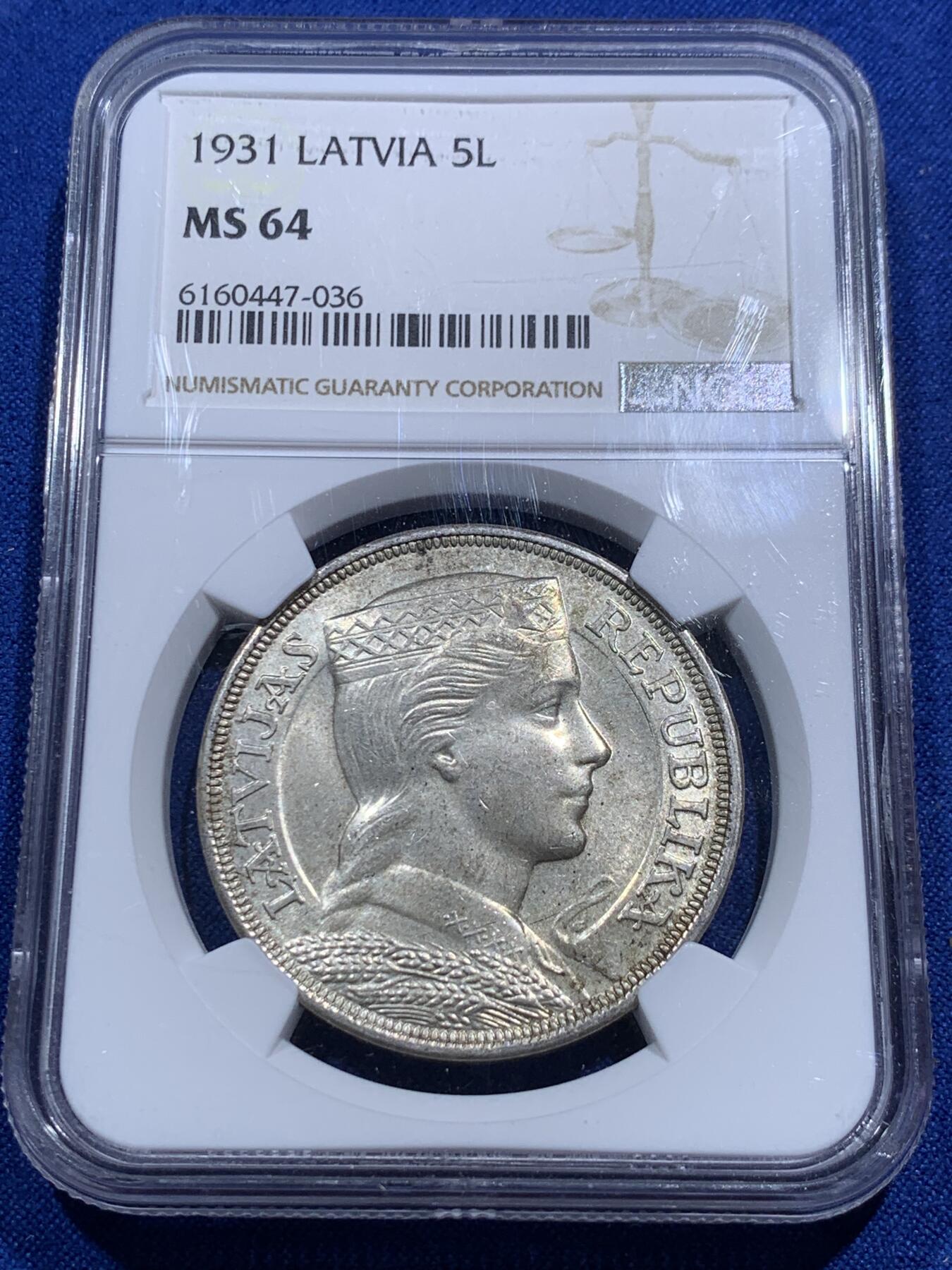 《竞宝斋》第290场- 周日，周一，周二 3场连拍 （全场包邮） NGC MS64 拉脱维亚1931年少女5里拉银币