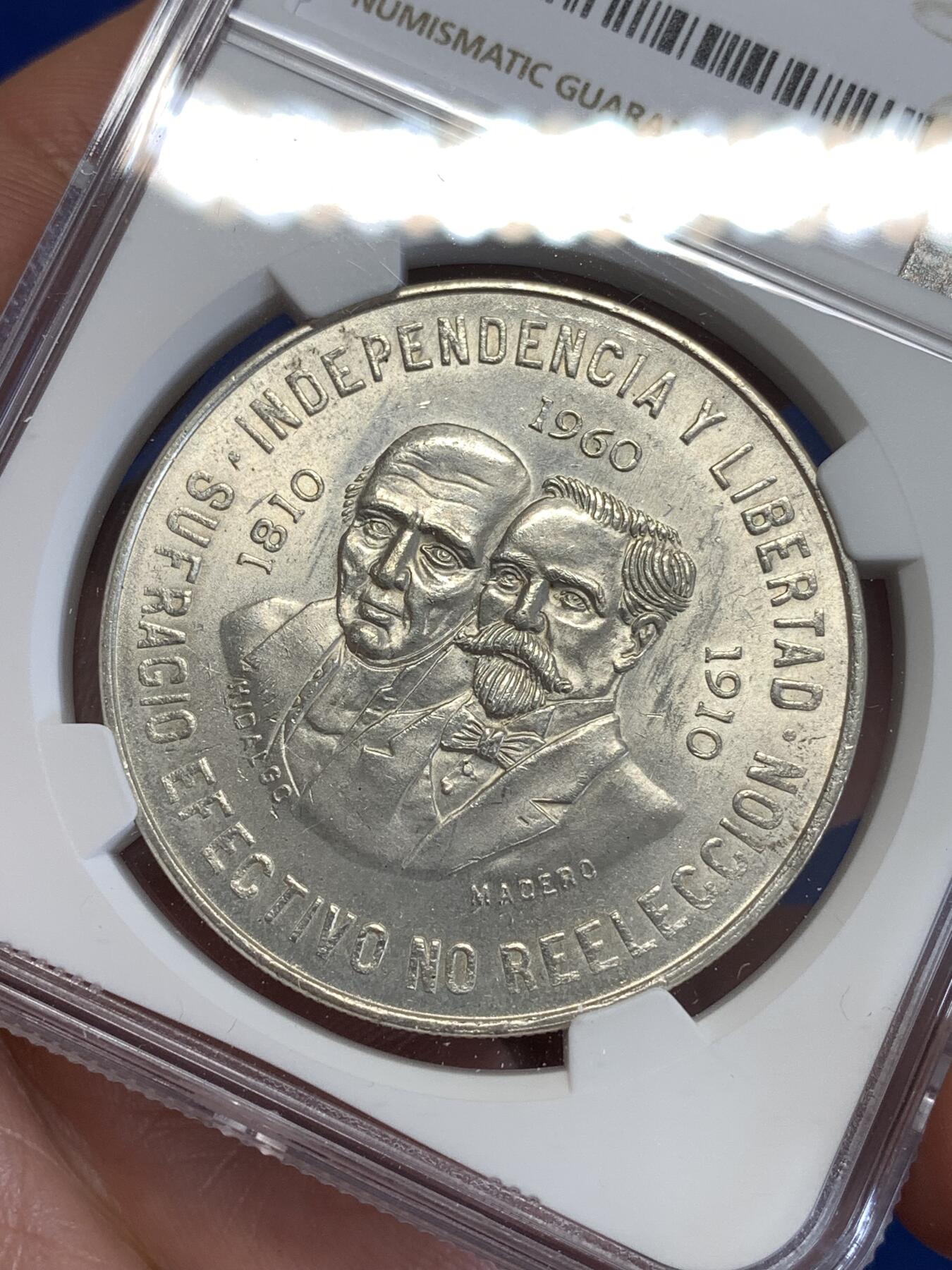 《竞宝斋》第290场- 周日，周一，周二 3场连拍 （全场包邮） NGC MS63 墨西哥1960年独立100周年银币 高分大银币 900高银