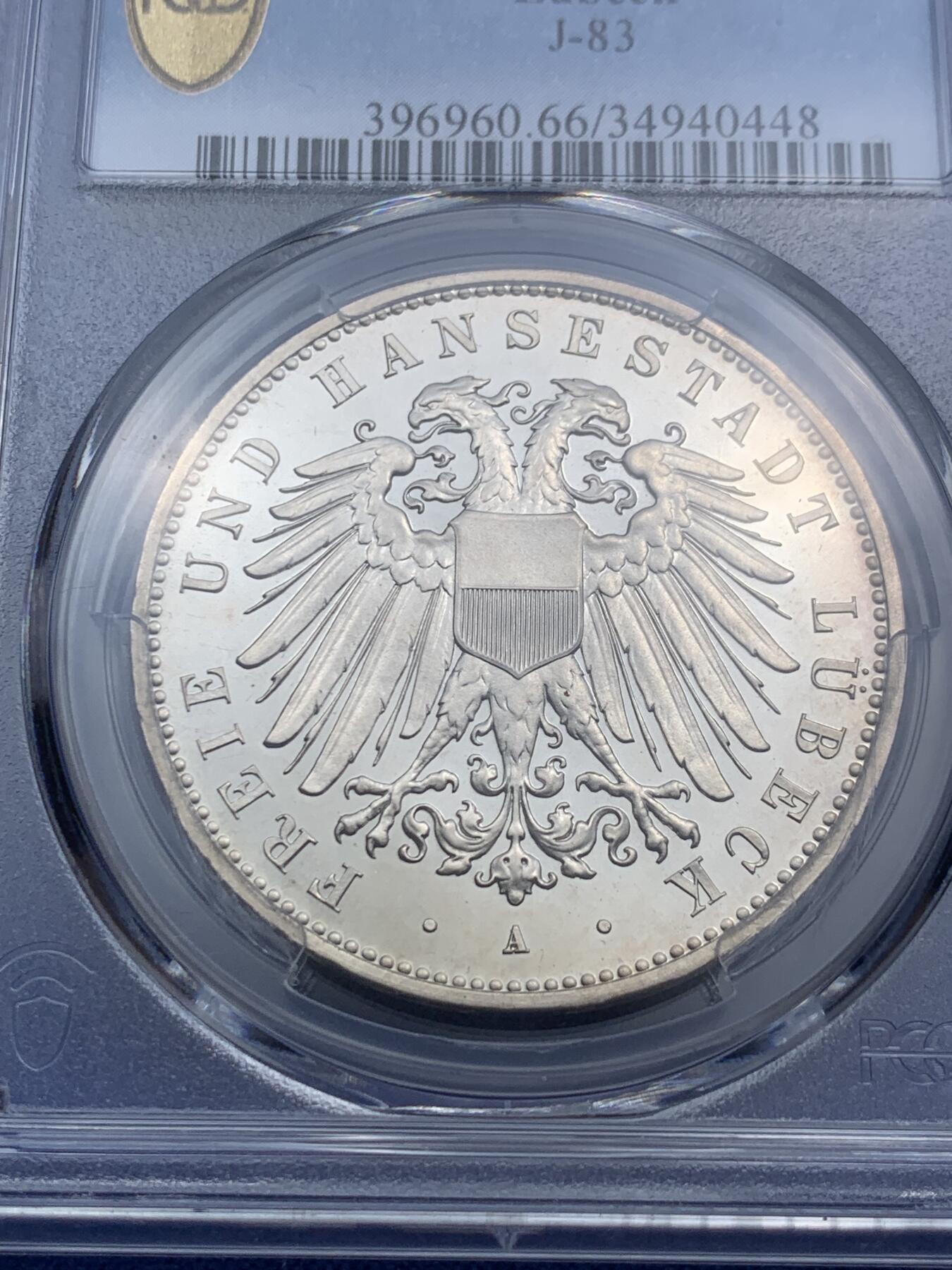 《竞宝斋》第290场- 周日，周一，周二 3场连拍 （全场包邮） PCGS PR66CAM 德国1907吕贝克精制5马克