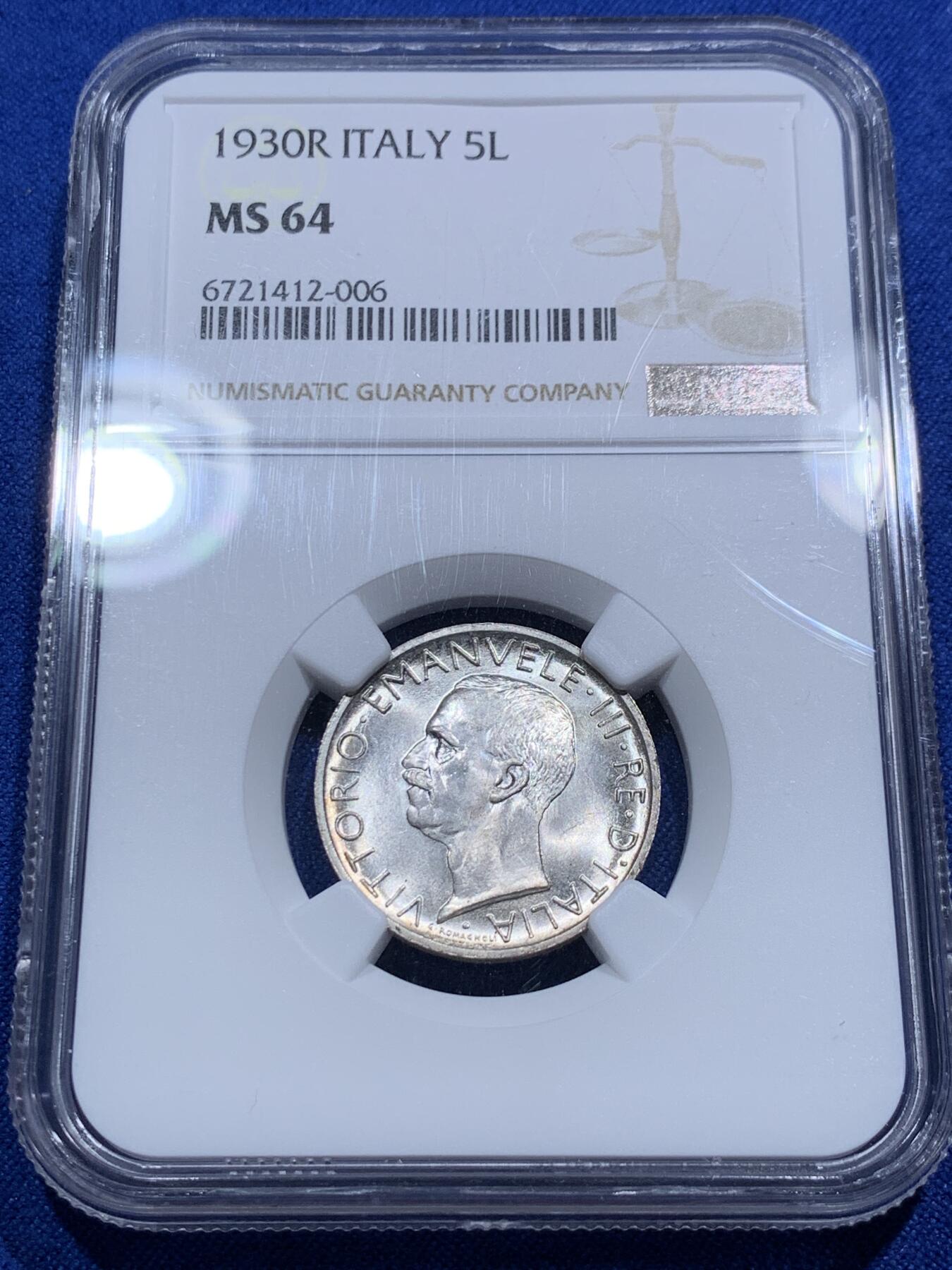 《竞宝斋》第290场- 周日，周一，周二 3场连拍 （全场包邮） NGC MS64 意大利1930年R版埃马努埃莱三世5里拉银币 十字转光 一流状态