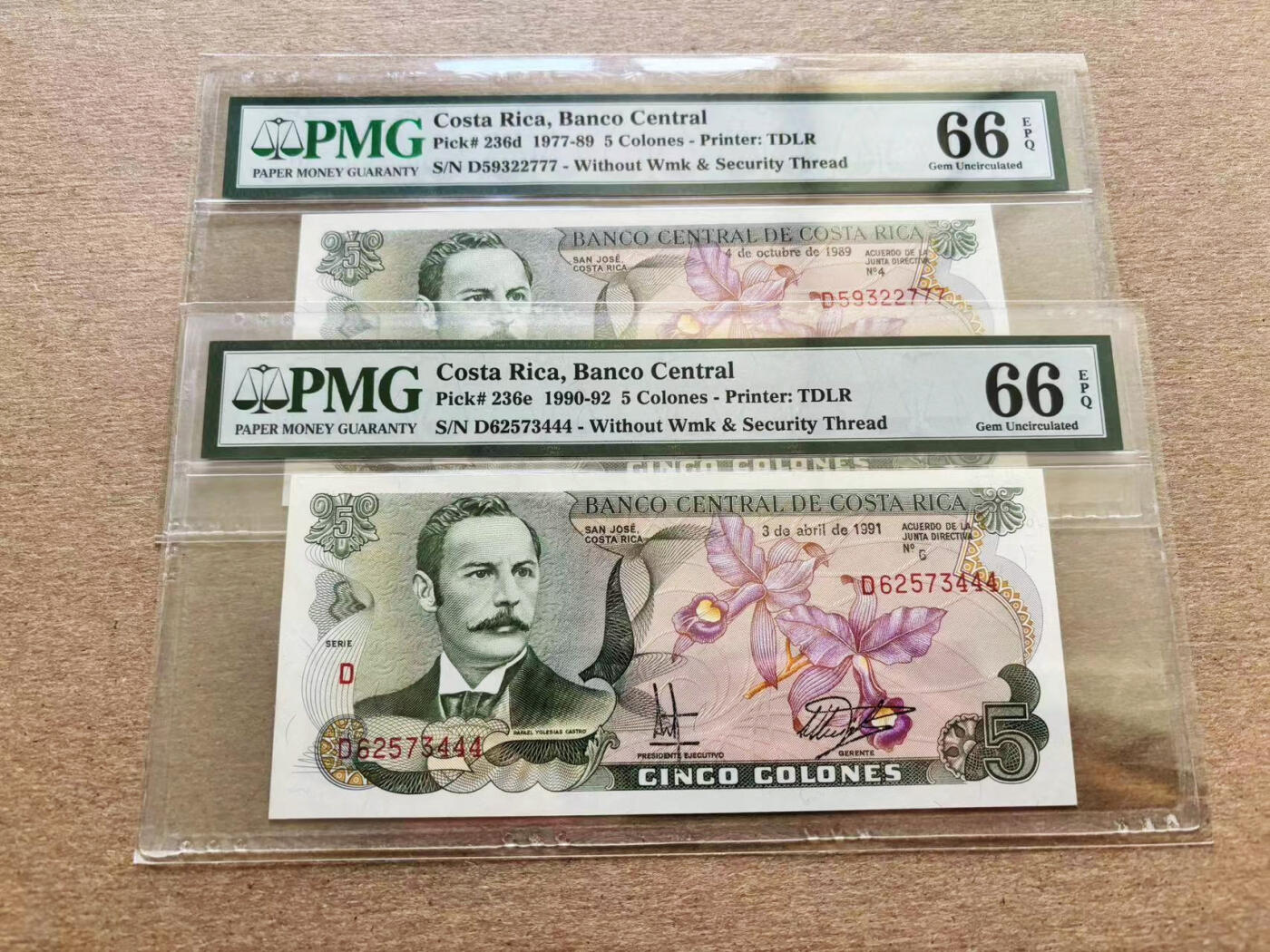 【Blue Auction】✨世界纸币精拍第510期【精】 【一组2张444&777豹子号】哥斯达黎加 1977-92年5克朗 彩背 PMG66EPQ 