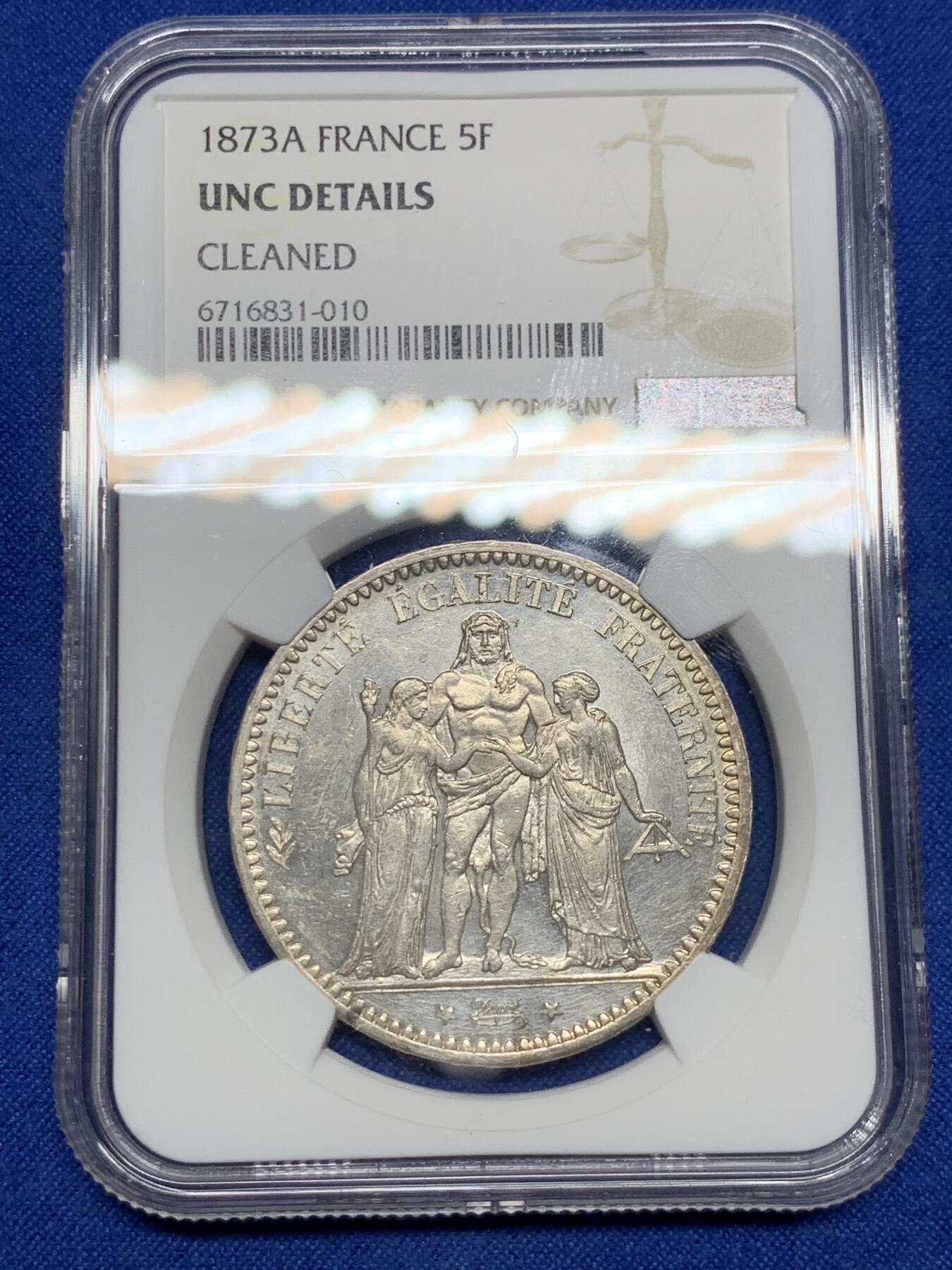 《竞宝斋》第290场- 周日，周一，周二 3场连拍 （全场包邮） NGC UNCD 法国1873年大力神5法郎银币