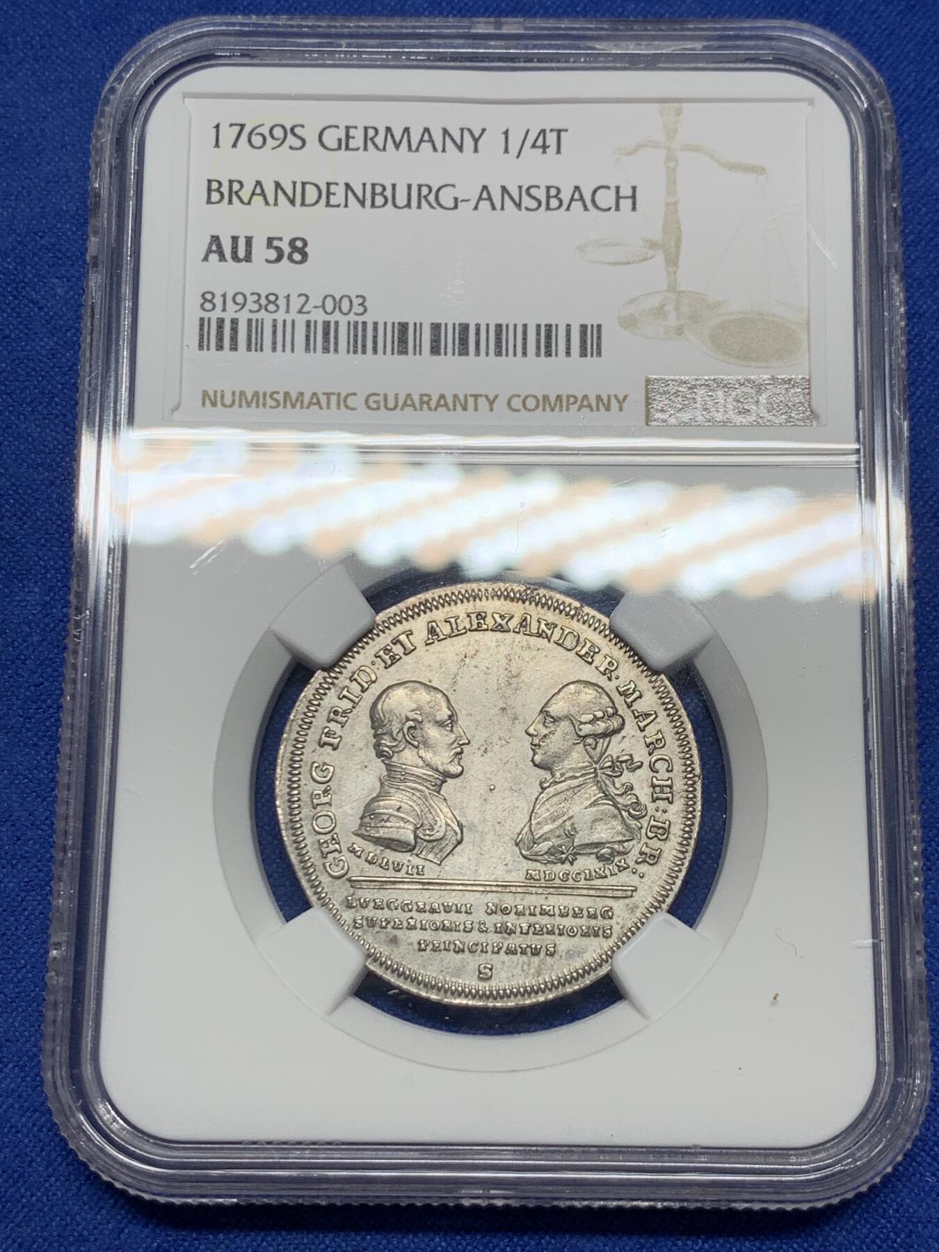 《竞宝斋》第290场- 周日，周一，周二 3场连拍 （全场包邮） 唯一入盒冠军分！NGC AU58 德国 1769S 勃兰登堡与拜罗伊特联合 1/4泰勒银币 少见且高价的品种