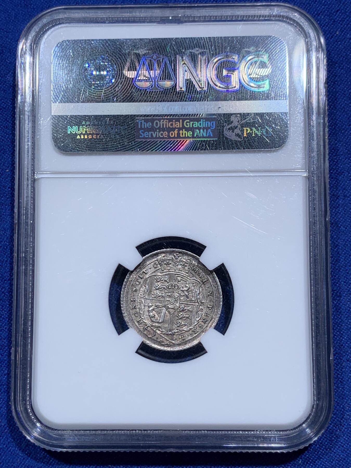 《竞宝斋》第290场- 周日，周一，周二 3场连拍 （全场包邮） NGC MS61 1816年英国乔治三世牛头6便士银币 经典品种 币面带银霜  感觉低评了