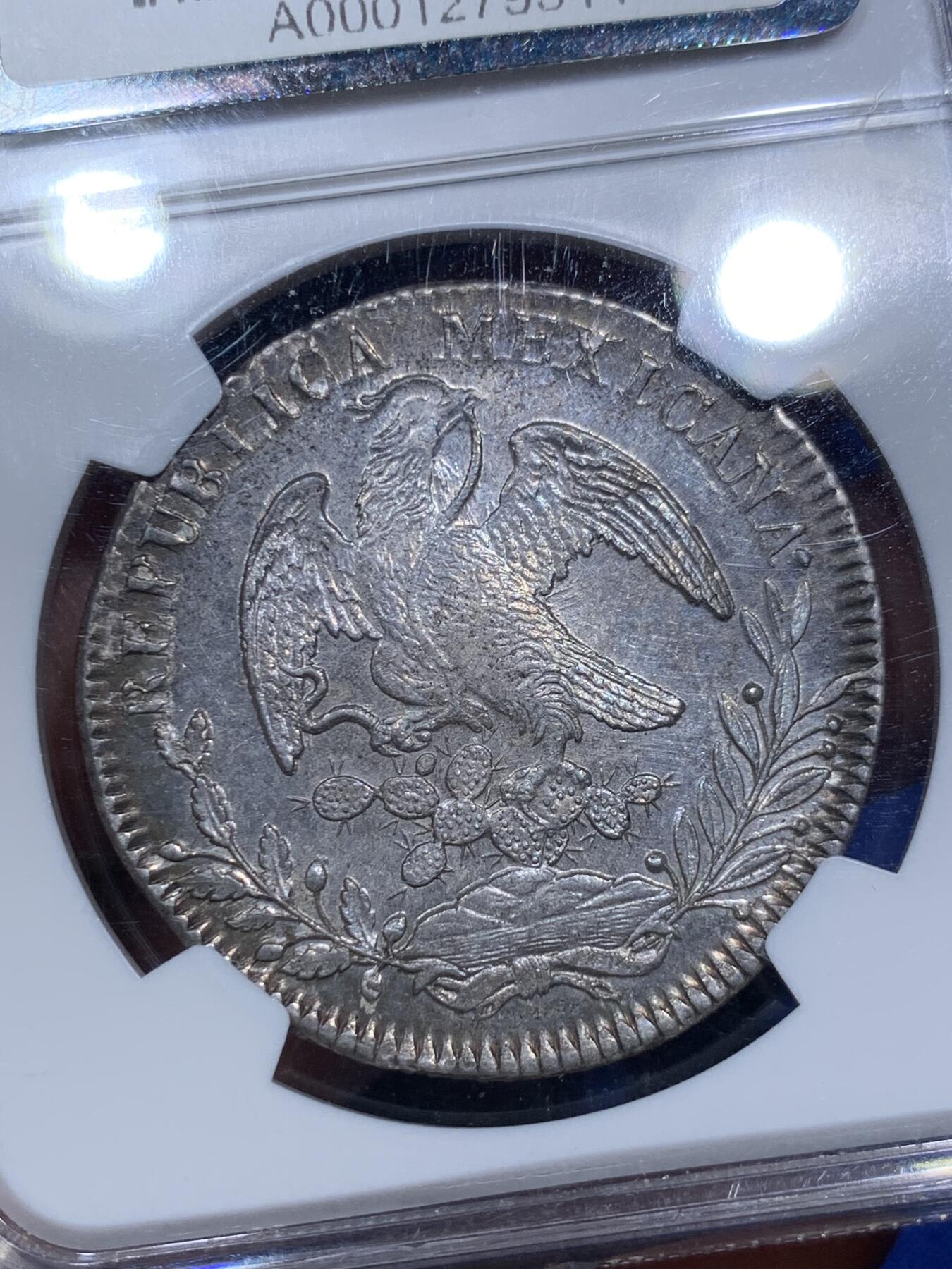 《竞宝斋》第290场- 周日，周一，周二 3场连拍 （全场包邮） NGC AU55 墨西哥1834年早期鹰洋 章型币 稀见早期肥鹰 鹰羽仙人掌细节不错，入骨深五彩，美不胜收。老N盒品质保障，状态超越分数