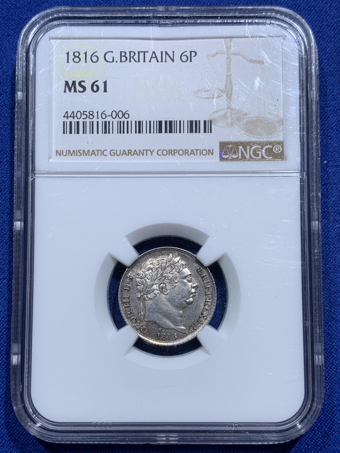 《竞宝斋》第290场- 周日，周一，周二 3场连拍 （全场包邮） NGC MS61 1816年英国乔治三世牛头6便士银币 经典品种 币面带银霜  感觉低评了