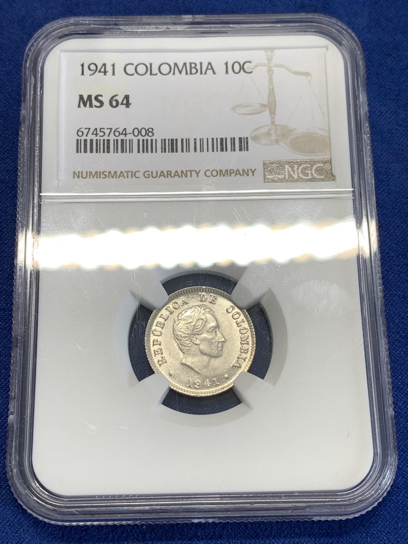 《竞宝斋》第290场- 周日，周一，周二 3场连拍 （全场包邮） NGC MS64 哥伦比亚 1941年 10分 银币