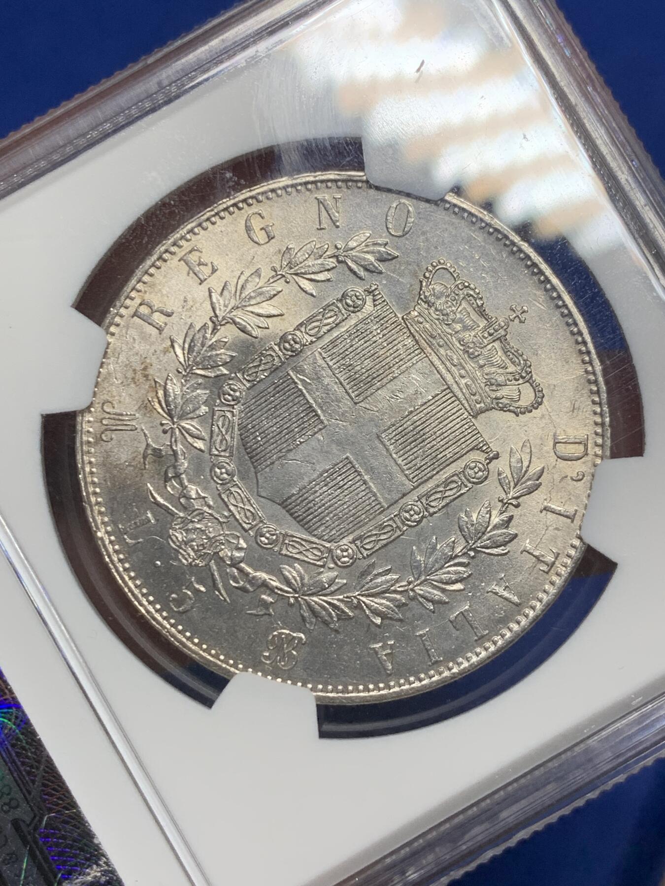 《竞宝斋》第290场- 周日，周一，周二 3场连拍 （全场包邮） NGC MS61 意大利1873年埃曼努埃莱二世5里拉 流通币