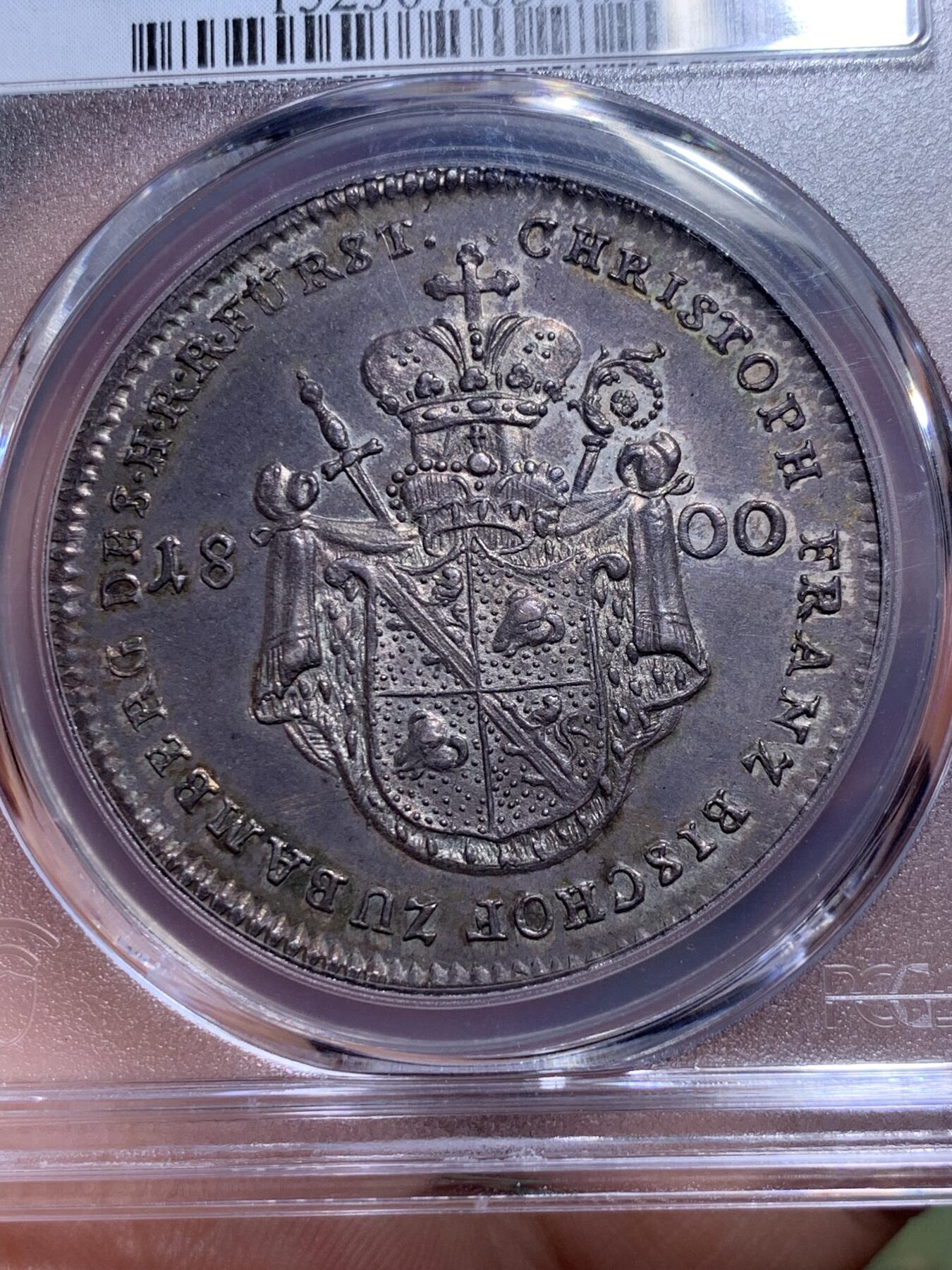 《竞宝斋》第290场- 周日，周一，周二 3场连拍 （全场包邮） 冠军分 封面币 PCGS MS63 德国 1800班贝格主教区 景观泰勒 大银币 稀见MS品种