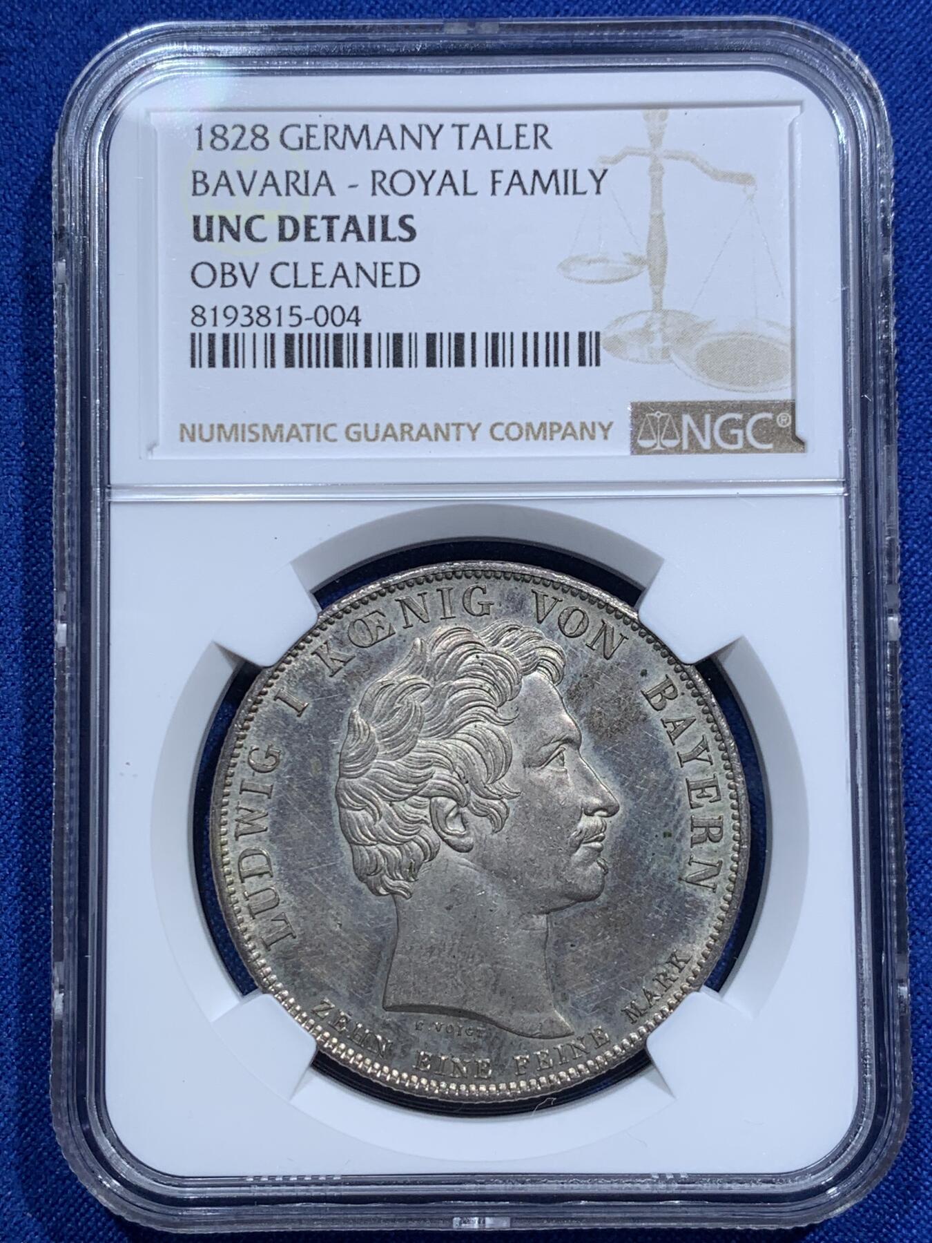 《竞宝斋》第290场- 周日，周一，周二 3场连拍 （全场包邮） NGC UNC 德国 巴伐利亚1828年祝福王室历史协定泰勒大银币 背面中央为王后特蕾莎头像，其四周是八位子女头像  背面人像特别好