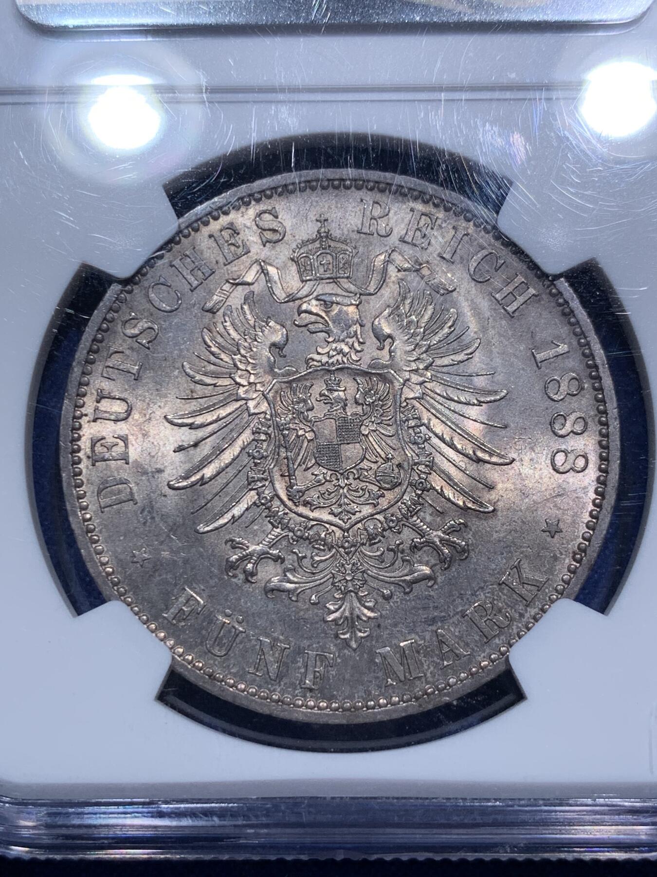 《竞宝斋》第290场- 周日，周一，周二 3场连拍 （全场包邮） NGC MS63 德国1888三皇年 弗雷德里希三世短翅5马克