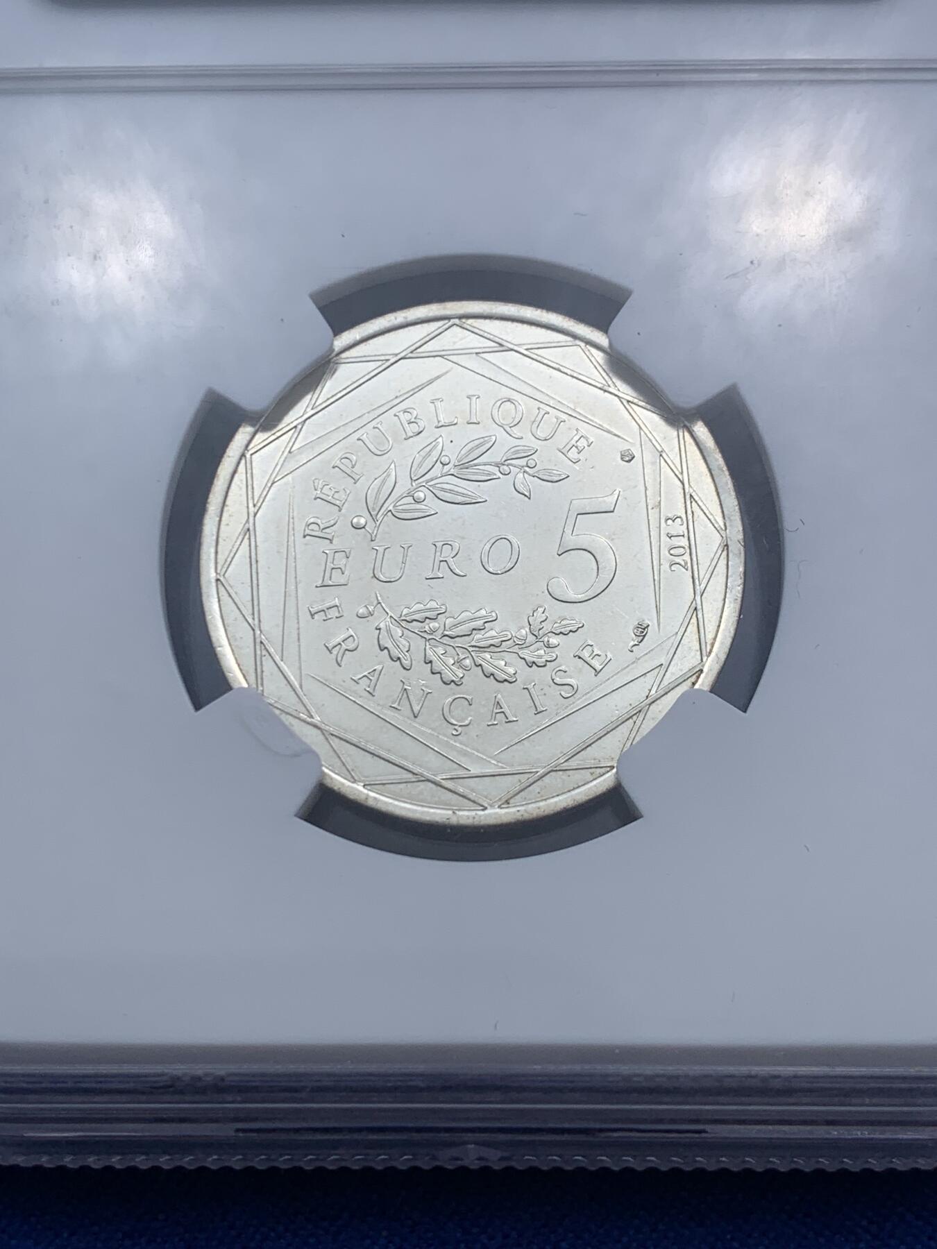 《竞宝斋》第290场- 周日，周一，周二 3场连拍 （全场包邮） NGC MS64 法国2013年平等5欧元银币 最高评级分