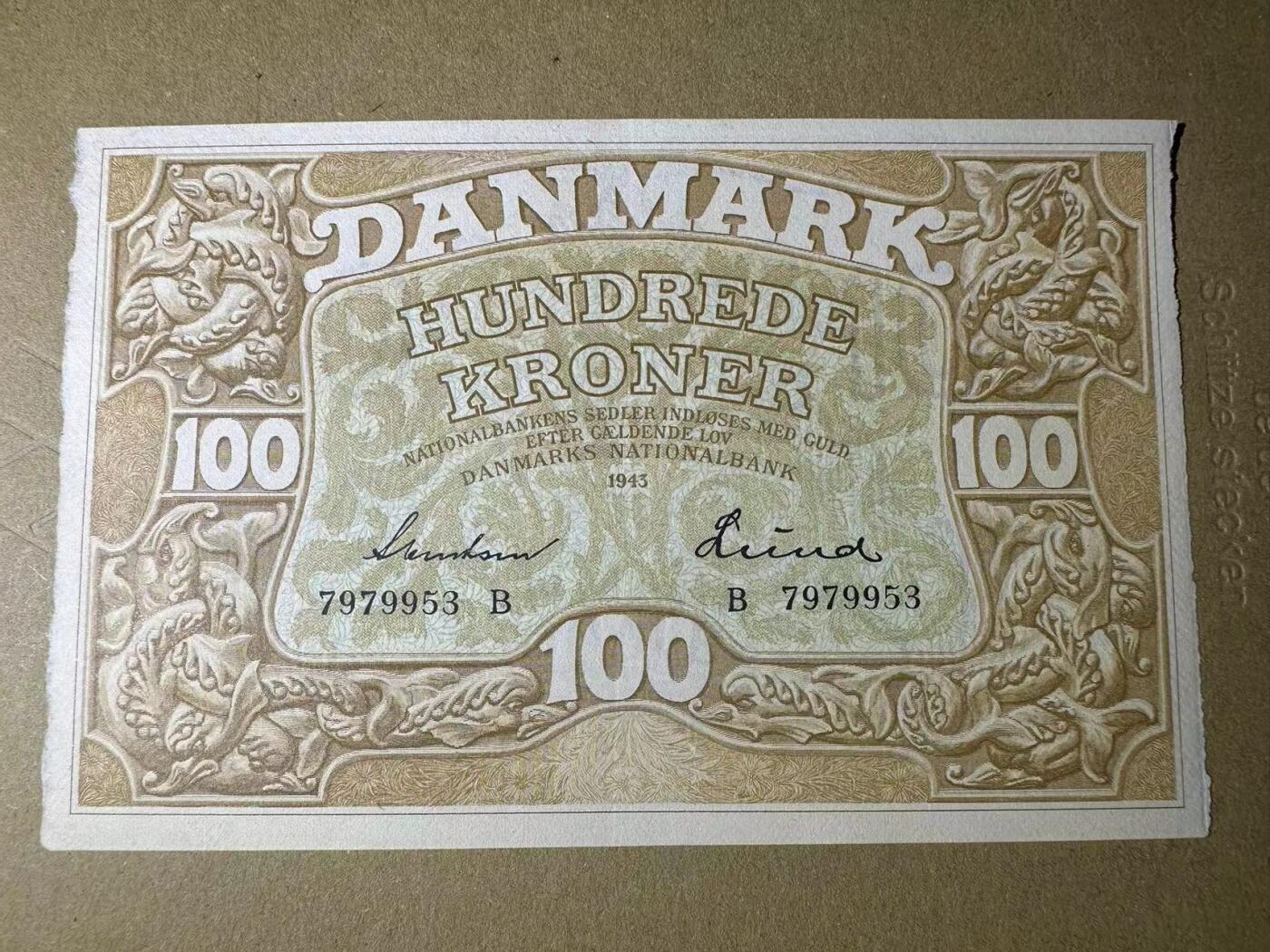 【Blue Auction】✨世界纸币精拍第510期【精】 丹麦 1943年100克朗 维京战吼 AU (卖家发货）