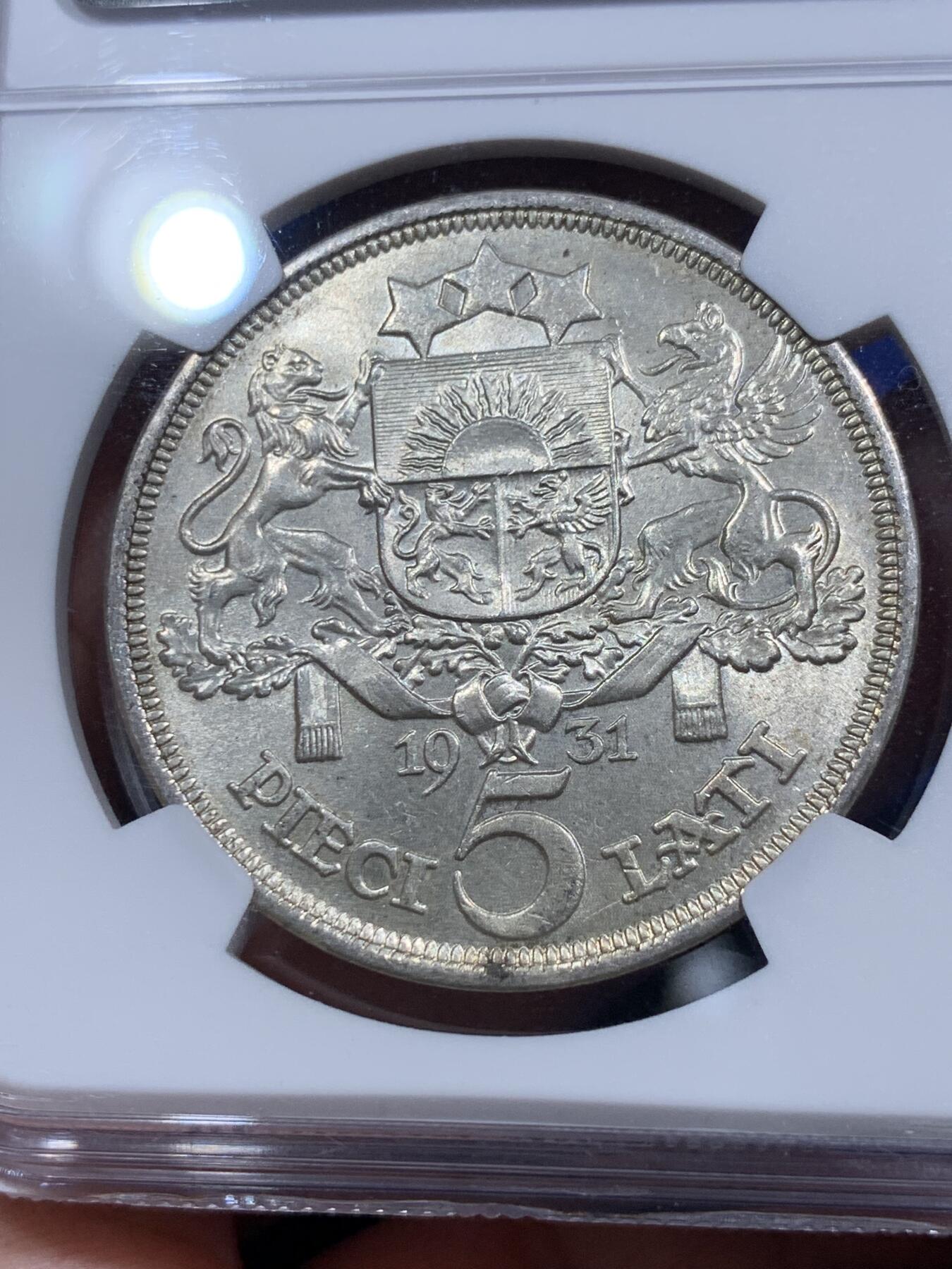 《竞宝斋》第290场- 周日，周一，周二 3场连拍 （全场包邮） NGC MS64 拉脱维亚1931年少女5里拉银币