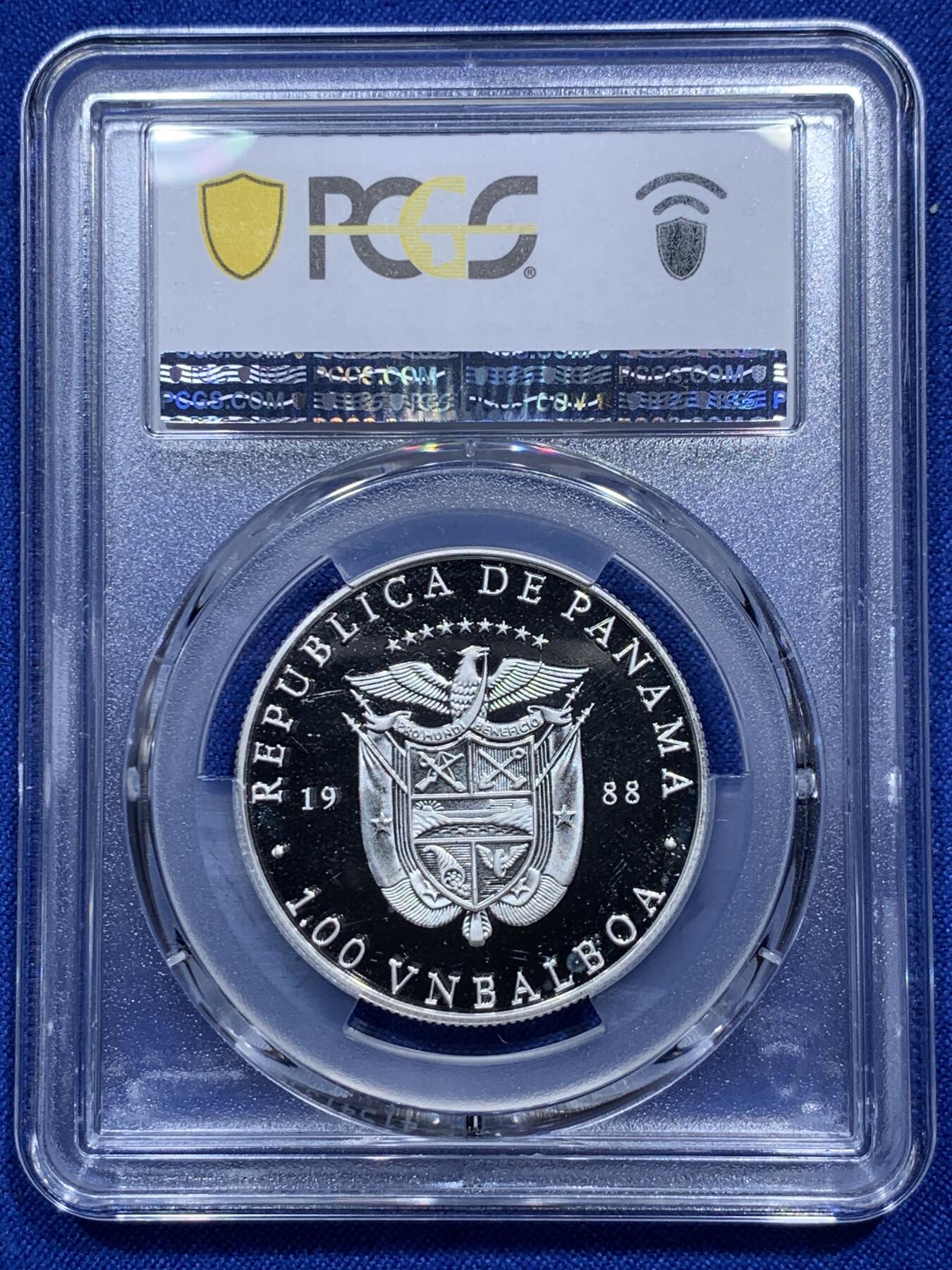 《竞宝斋》第290场- 周日，周一，周二 3场连拍 （全场包邮） PCGS金盾 PR67DCAM 巴拿马1988年1巴波亚精制银币
