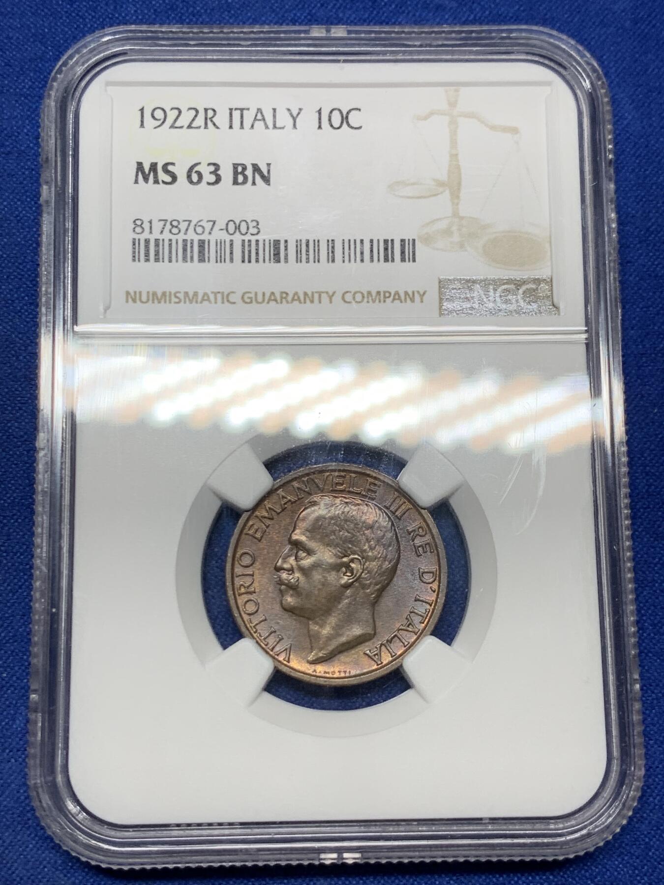 《竞宝斋》第290场- 周日，周一，周二 3场连拍 （全场包邮） NGC MS63 意大利1922年10分小蜜蜂铜币 正面带点五彩的