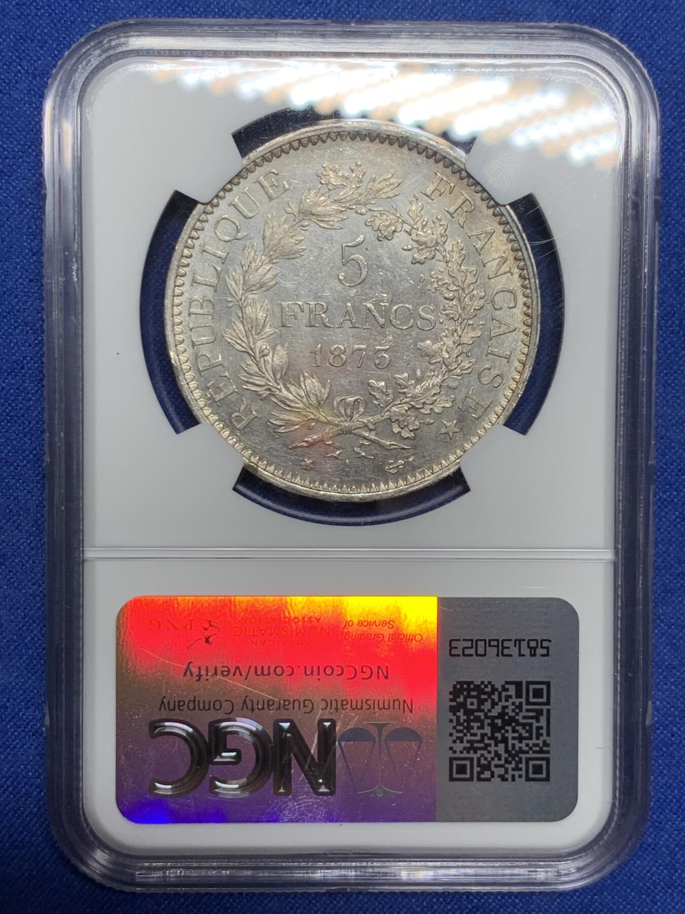 《竞宝斋》第290场- 周日，周一，周二 3场连拍 （全场包邮） NGC UNCD 法国1873年大力神5法郎银币