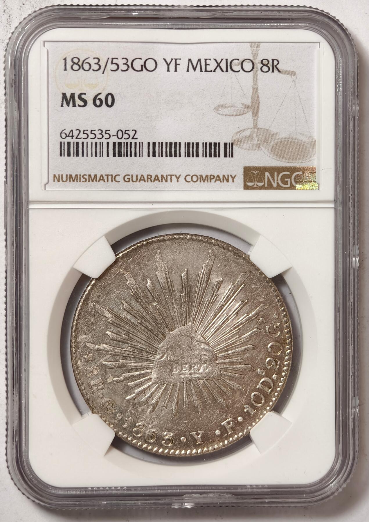 紫瑗钱币——第386期拍卖 墨西哥 1863/53年 GO YF在华流通 花边鹰洋 8里亚尔 银币 NGC MS 60