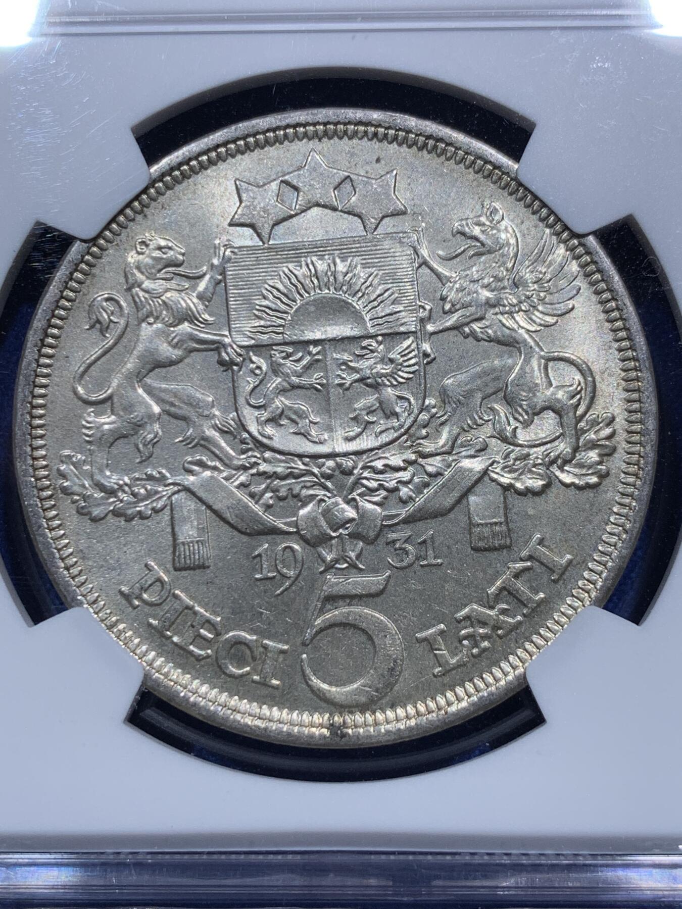 《竞宝斋》第290场- 周日，周一，周二 3场连拍 （全场包邮） NGC MS64 拉脱维亚1931年少女5里拉银币