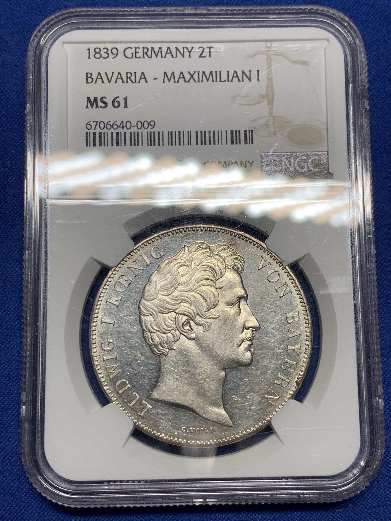 《竞宝斋》第290场- 周日，周一，周二 3场连拍 （全场包邮） NGC MS61 德国1839年巴伐利亚选帝侯骑马雕像历史双泰勒 37.12g 38mm 90%