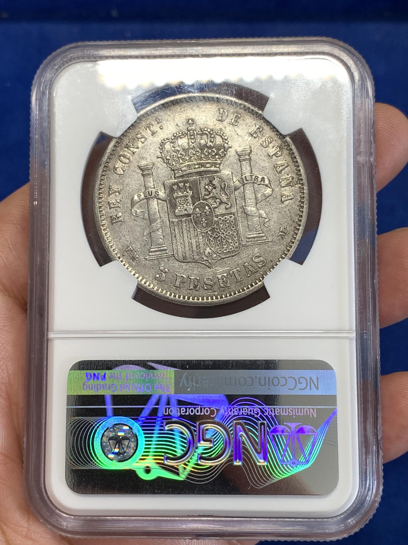 《竞宝斋》第290场- 周日，周一，周二 3场连拍 （全场包邮） NGC XF45 西班牙1878年阿方索十二世青年头5比塞塔银币 稀少年份 NGC同分仅10枚、更高分仅11枚！这种品相也算凤毛麟角，性价比之选