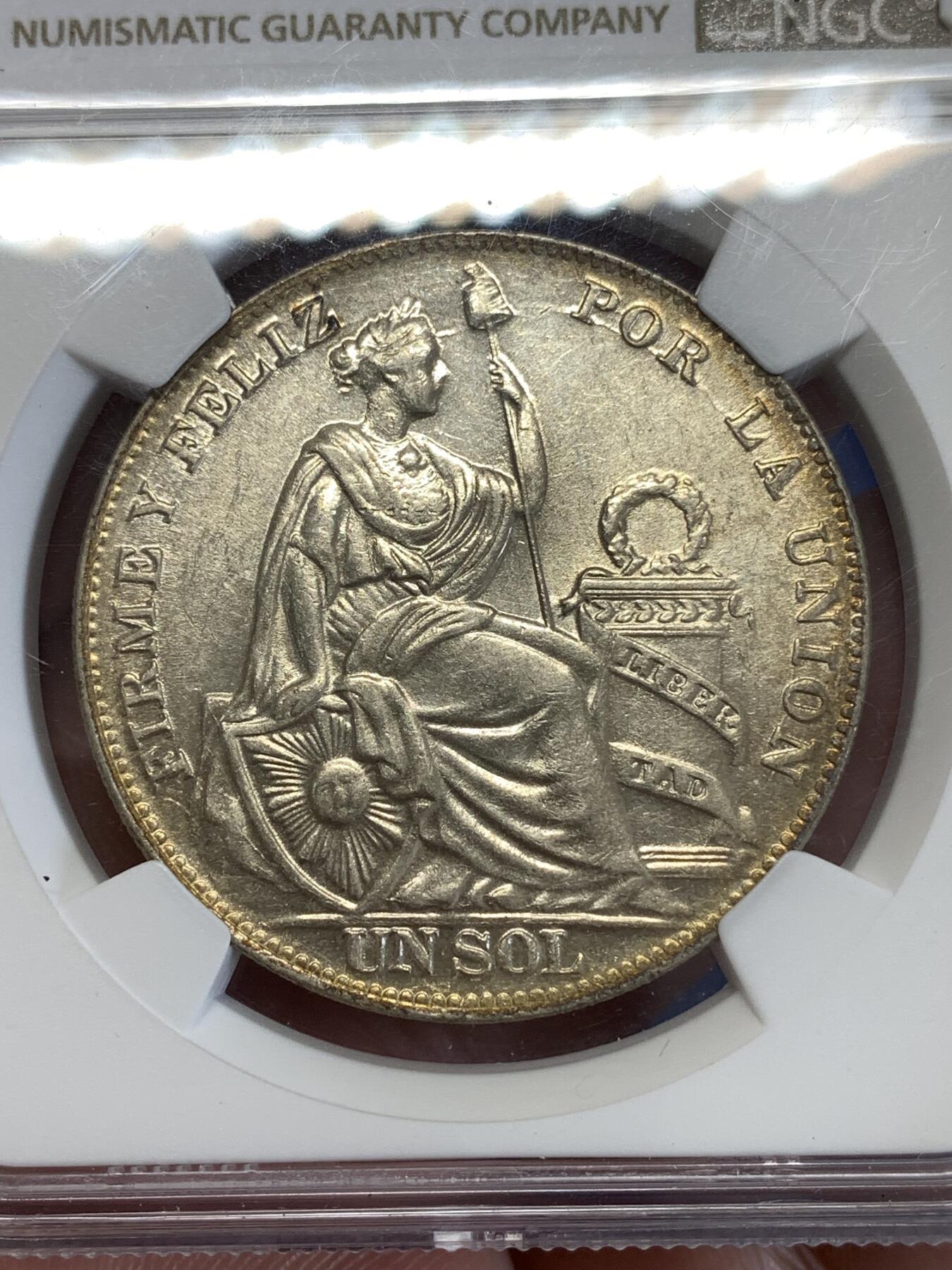 《竞宝斋》第290场- 周日，周一，周二 3场连拍 （全场包邮） NGC AU55 秘鲁1934年坐人1索尔大银币