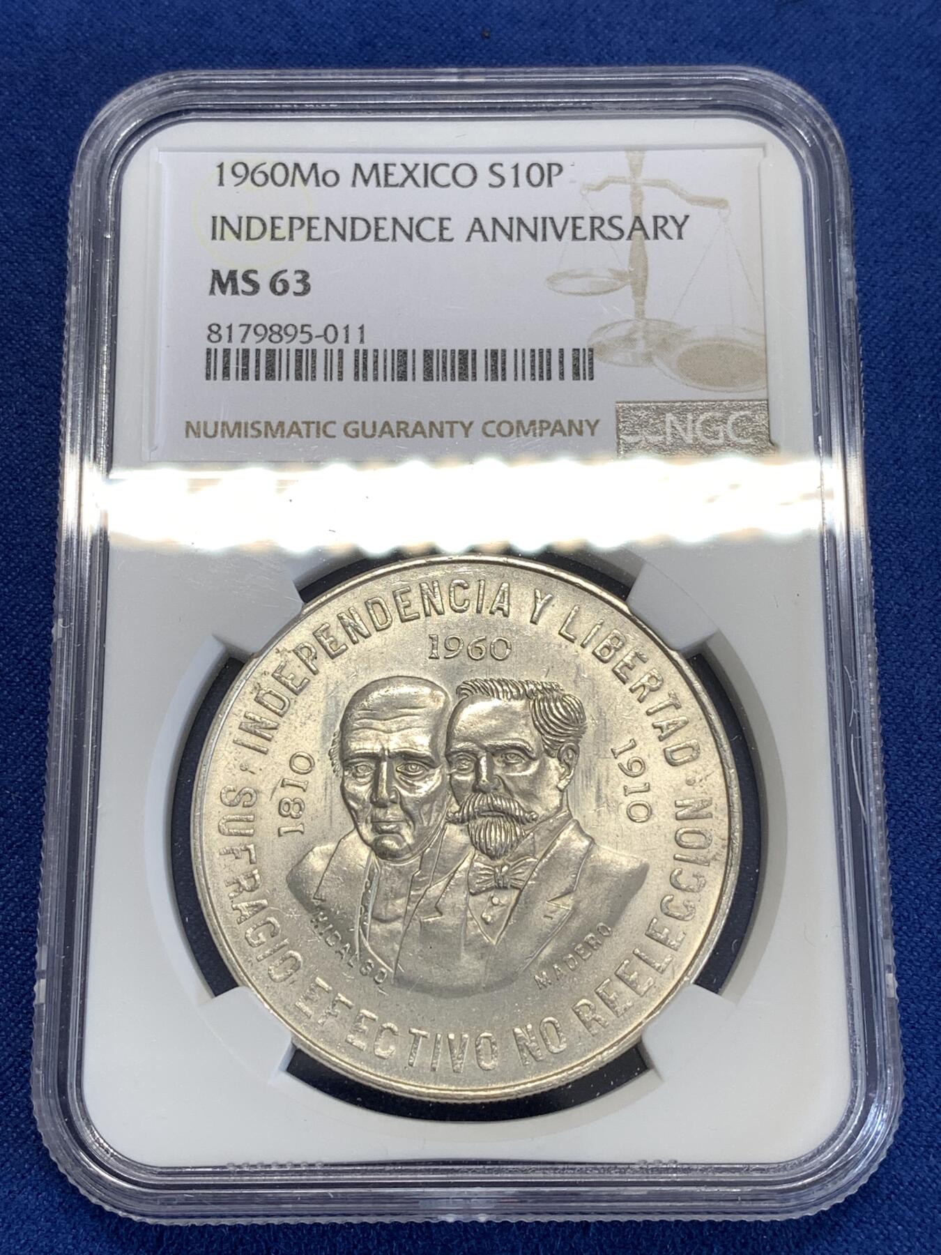 《竞宝斋》第290场- 周日，周一，周二 3场连拍 （全场包邮） NGC MS63 墨西哥1960年独立100周年银币 高分大银币 900高银