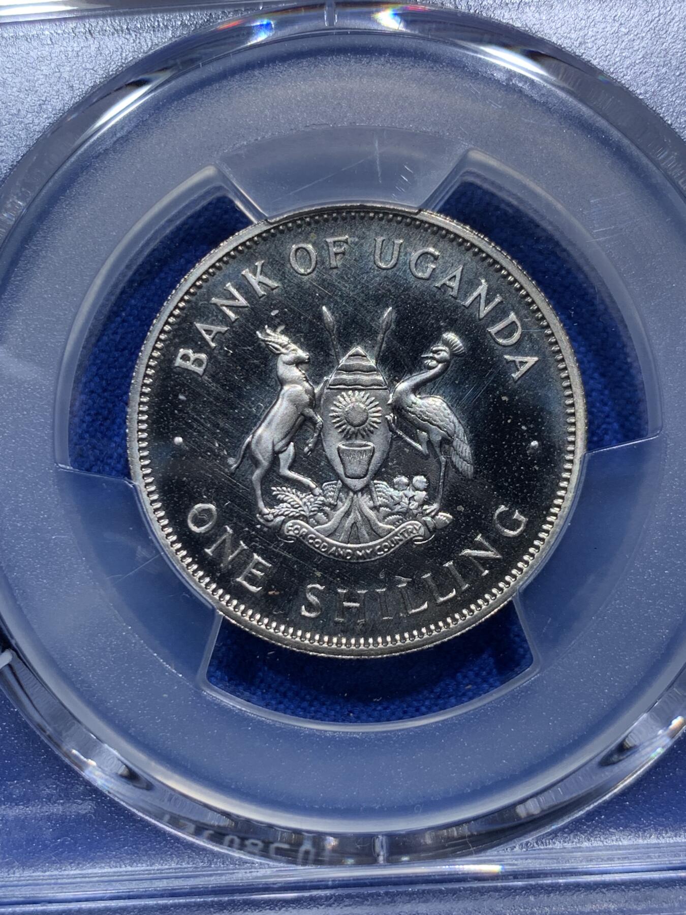 《竞宝斋》第290场- 周日，周一，周二 3场连拍 （全场包邮） PCGS金盾 PR67DCAM 乌干达1966年首年1先令精制镍币东非草原与乌干达国鸟灰冕鹤