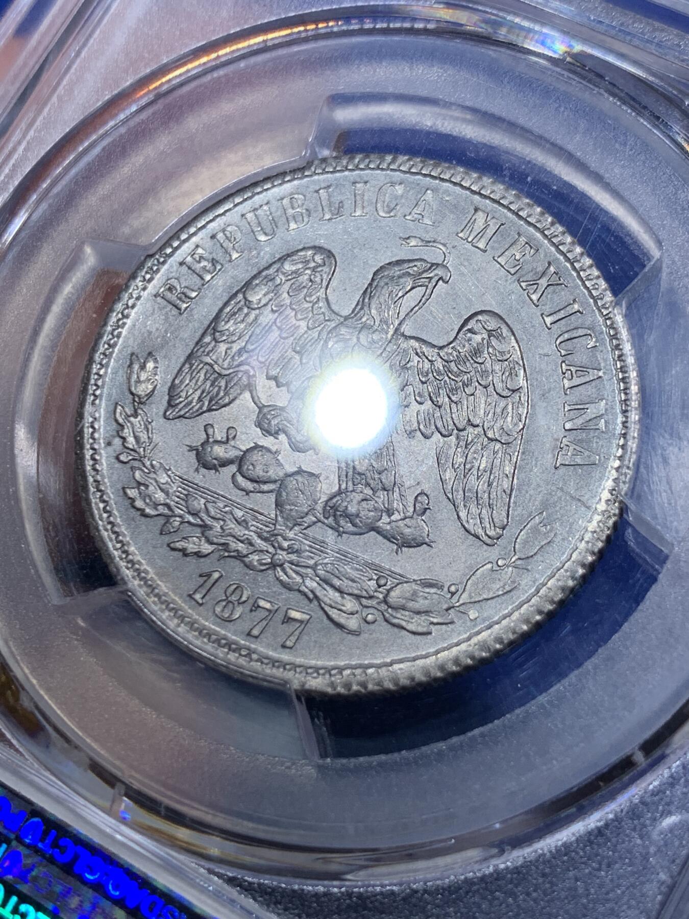 《竞宝斋》第290场- 周日，周一，周二 3场连拍 （全场包邮） PCGS UNCD 墨西哥1877少见天平鹰洋50分银币 50C数量远少于1比索 此枚带灰色包浆 细节精美
