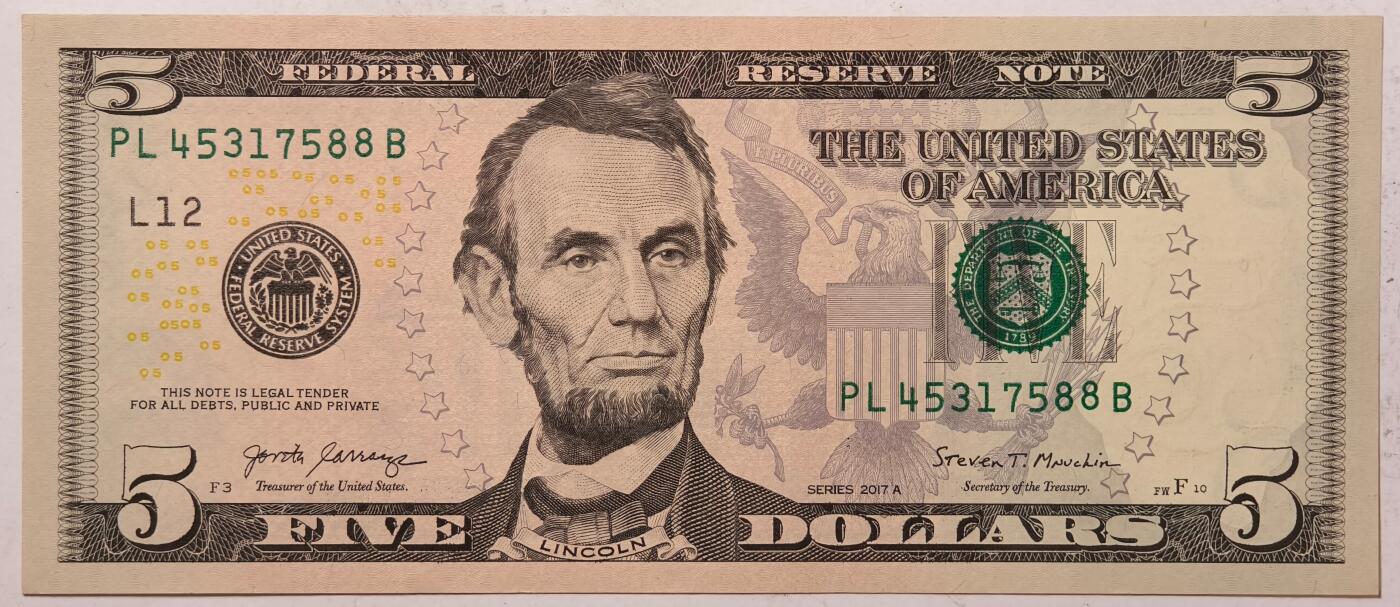 紫瑗钱币——第387期拍卖——纸币场 美国 2017年 L版 A序列 亚伯拉罕·林肯 5美元 彩色版 UNC-