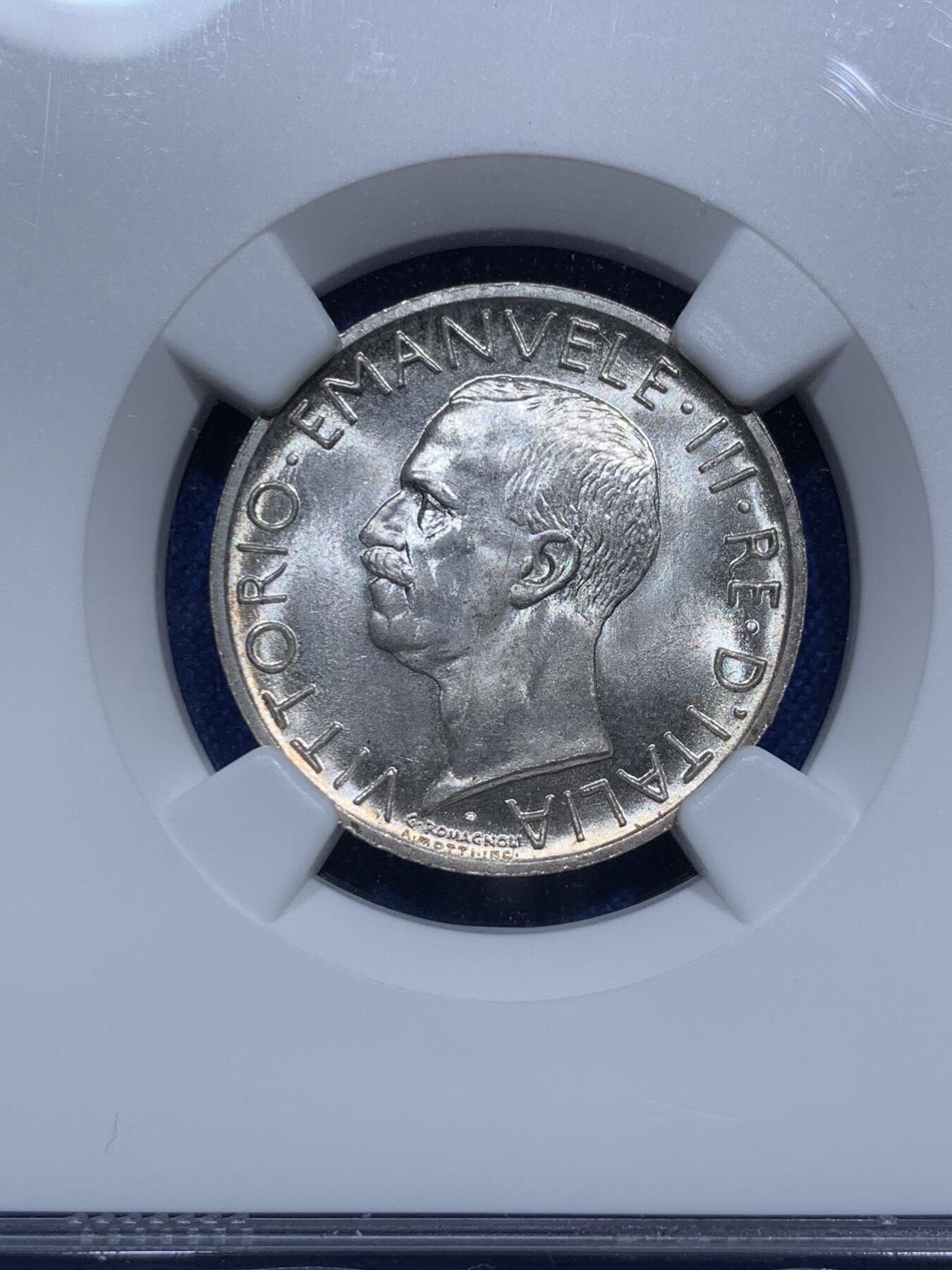 《竞宝斋》第290场- 周日，周一，周二 3场连拍 （全场包邮） NGC MS64 意大利1930年R版埃马努埃莱三世5里拉银币 十字转光 一流状态