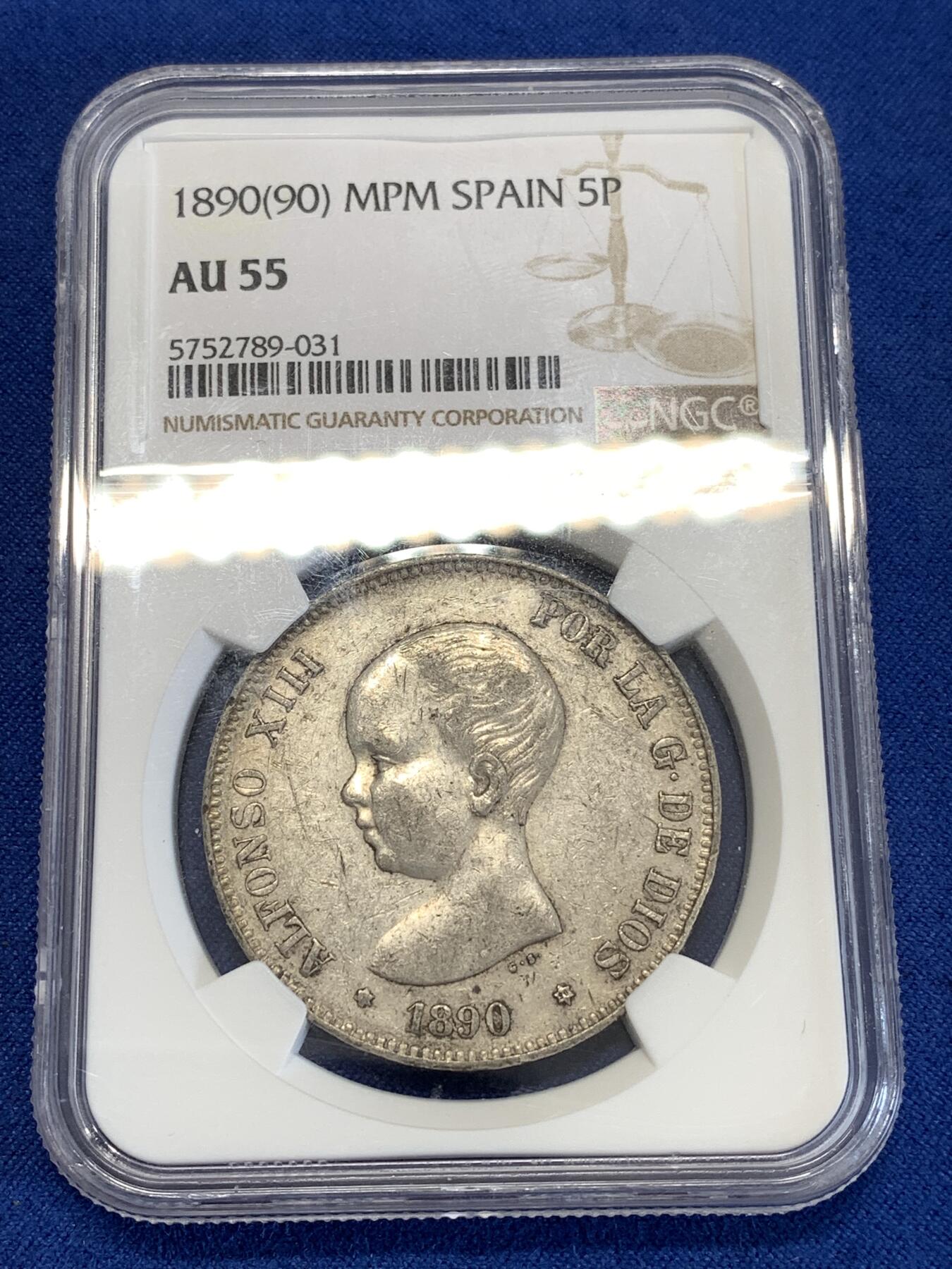 《竞宝斋》第290场- 周日，周一，周二 3场连拍 （全场包邮） NGC AU55 西班牙1890年阿方索十三世娃娃头5比塞塔银币 稀少年份 NGC同分仅3枚 更高分仅11枚 已经算得上是高分了 收藏之选
