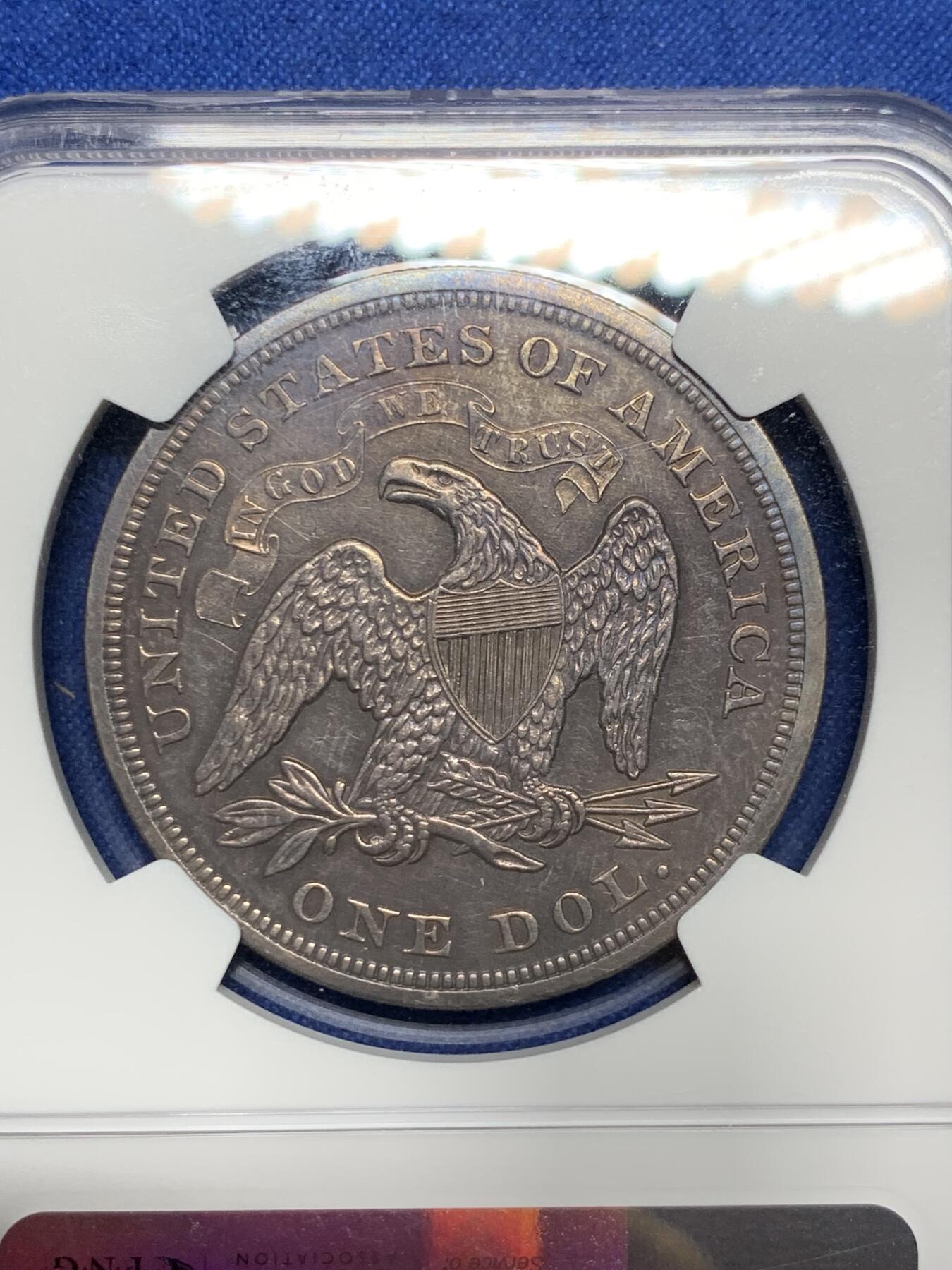 《竞宝斋》第290场- 周日，周一，周二 3场连拍 （全场包邮） NGC-AU 美国 1870年坐姿自由女神像1美元大银币，AU品级，稀缺早期美国大银 难遇