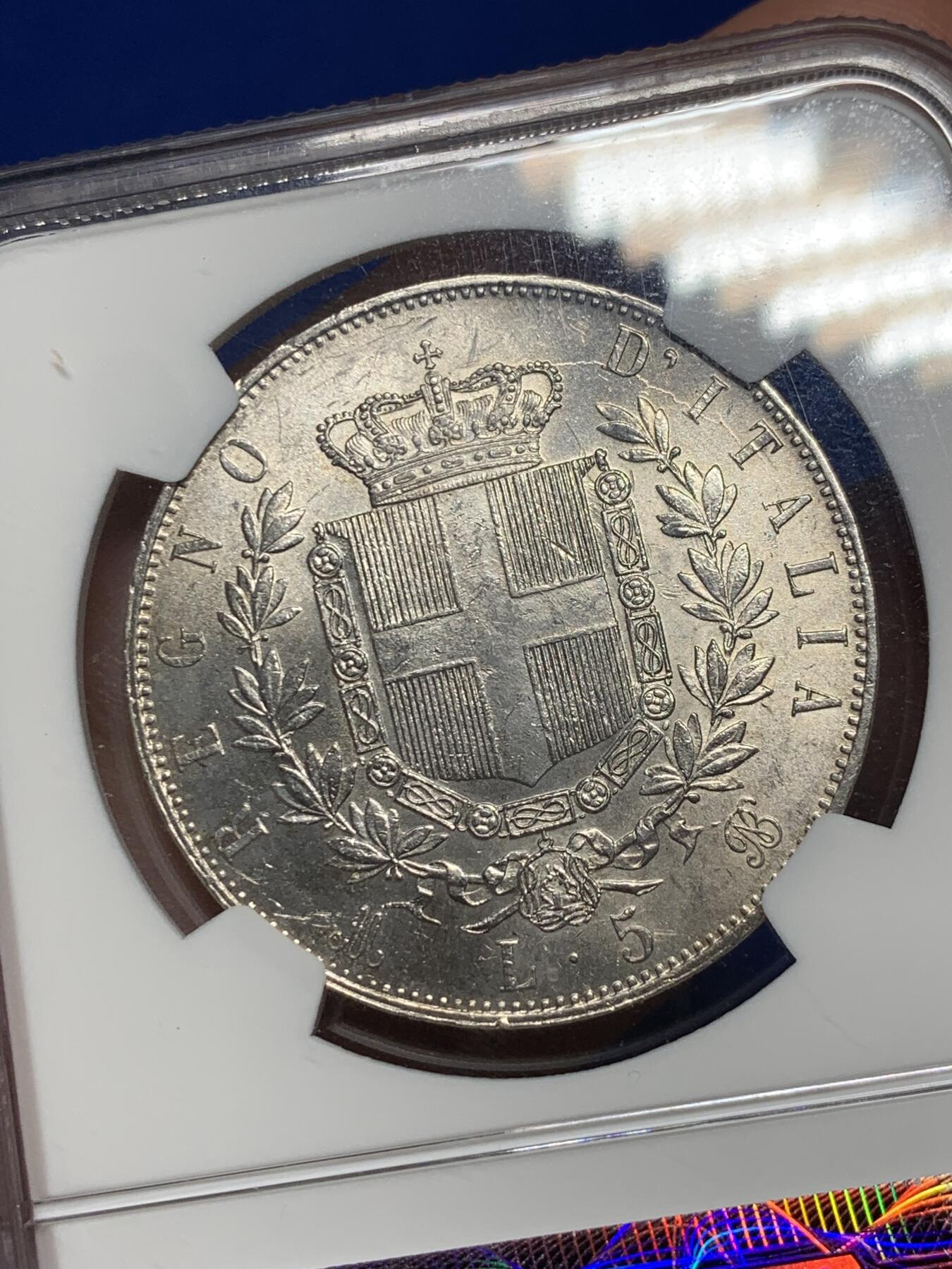 《竞宝斋》第290场- 周日，周一，周二 3场连拍 （全场包邮） NGC MS61 意大利1873年埃曼努埃莱二世5里拉 流通币