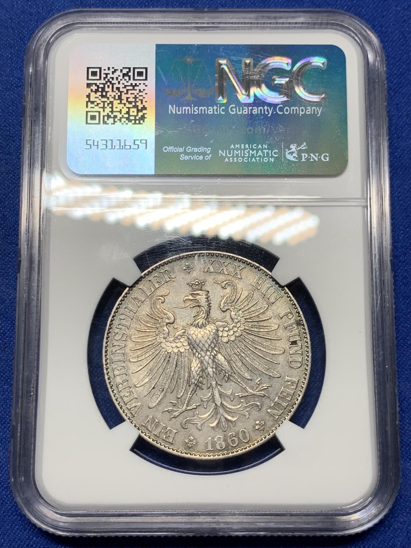 《竞宝斋》第290场- 周日，周一，周二 3场连拍 （全场包邮） NGC AU53 德国1860法兰克福少女泰勒银币 自然老包浆带底光 全鹰毛 实物更漂亮