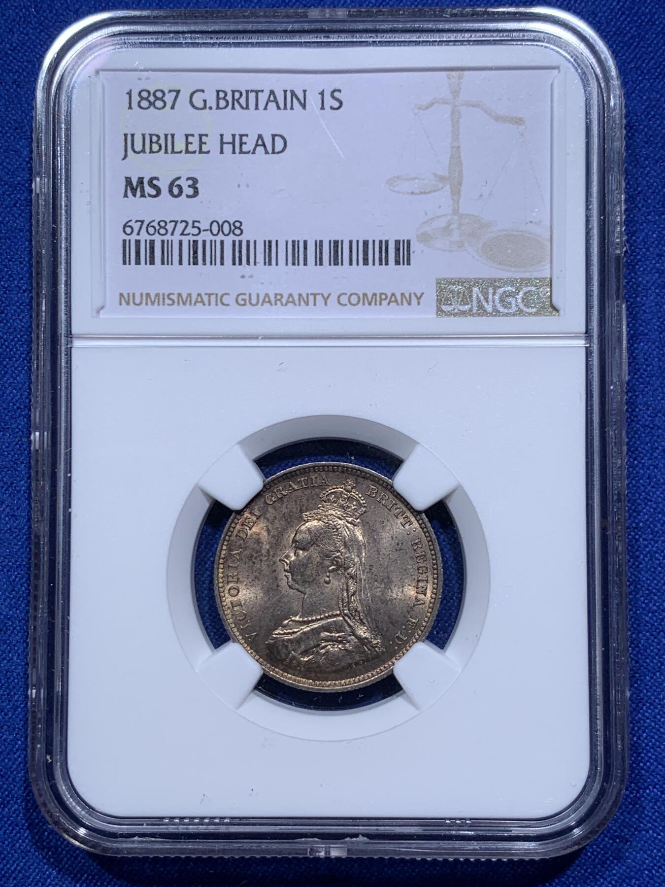 《竞宝斋》第290场- 周日，周一，周二 3场连拍 （全场包邮） NGC MS63 英国1887年维多利亚1先令 极品黄油彩 背面部分蓝绿色包浆