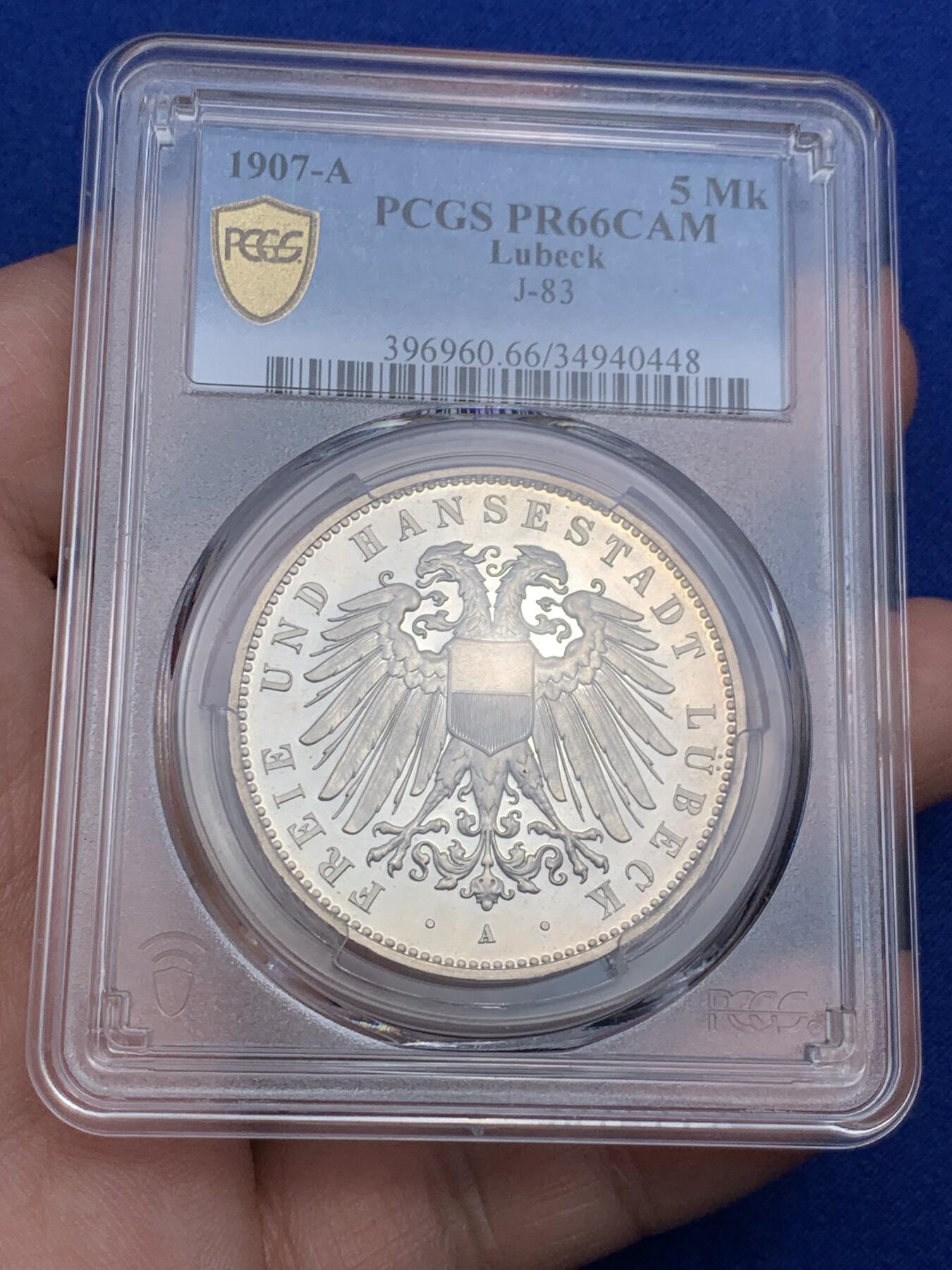 《竞宝斋》第290场- 周日，周一，周二 3场连拍 （全场包邮） PCGS PR66CAM 德国1907吕贝克精制5马克