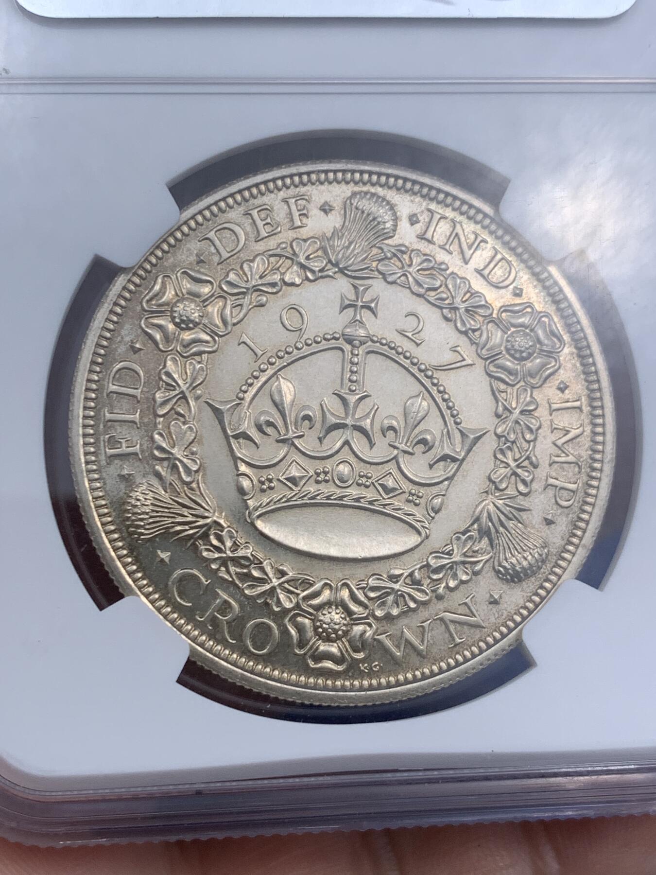 《竞宝斋》第290场- 周日，周一，周二 3场连拍 （全场包邮） NGC PF63 英国 1927年乔治五世花冠1克朗精制银币，发行量仅1.5万枚