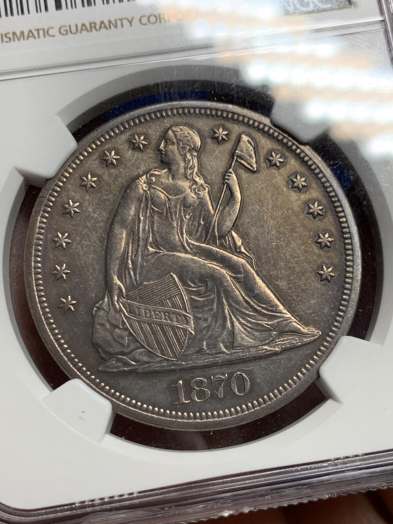 《竞宝斋》第290场- 周日，周一，周二 3场连拍 （全场包邮） NGC-AU 美国 1870年坐姿自由女神像1美元大银币，AU品级，稀缺早期美国大银 难遇