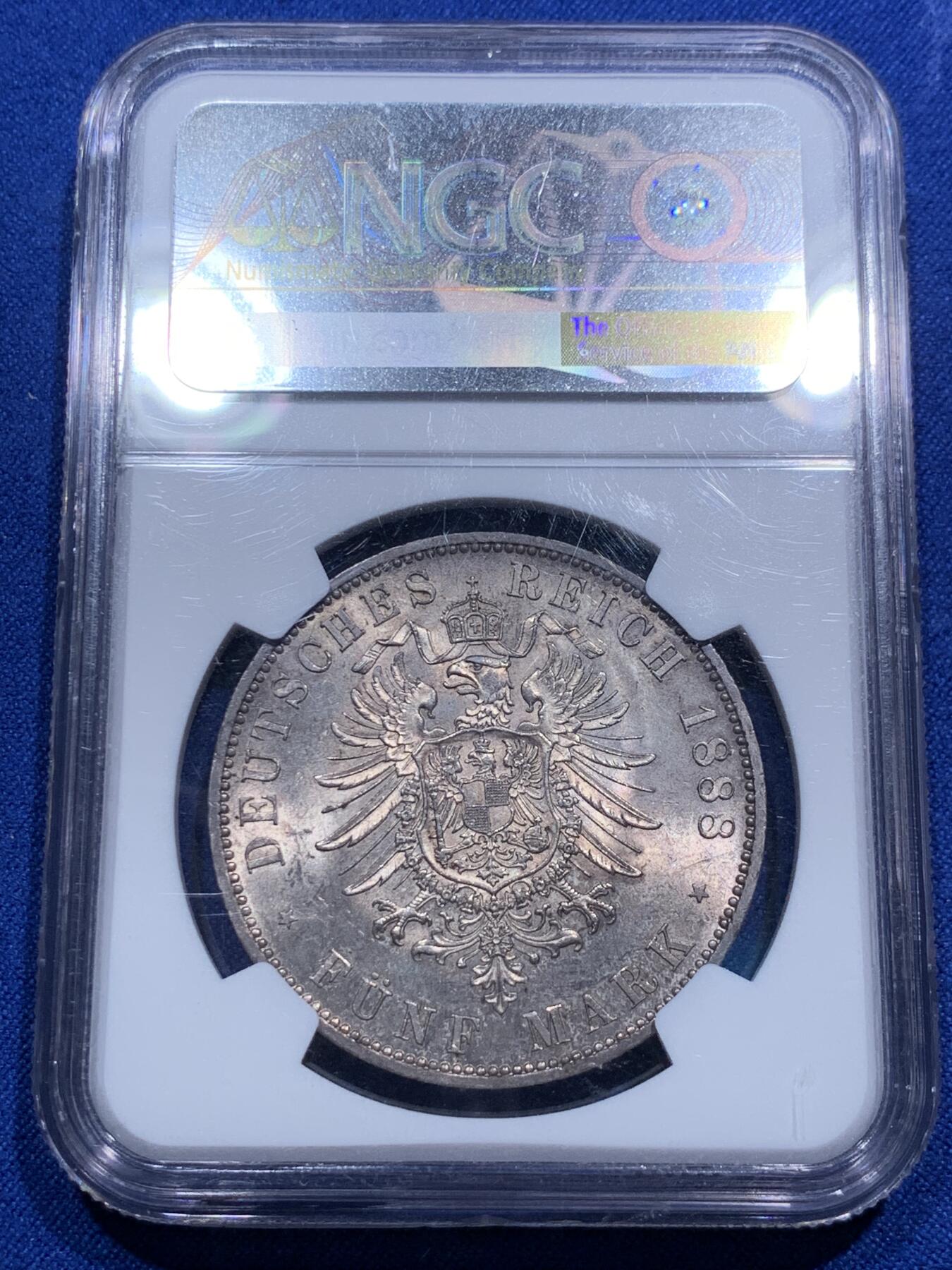 《竞宝斋》第290场- 周日，周一，周二 3场连拍 （全场包邮） NGC MS63 德国1888三皇年 弗雷德里希三世短翅5马克