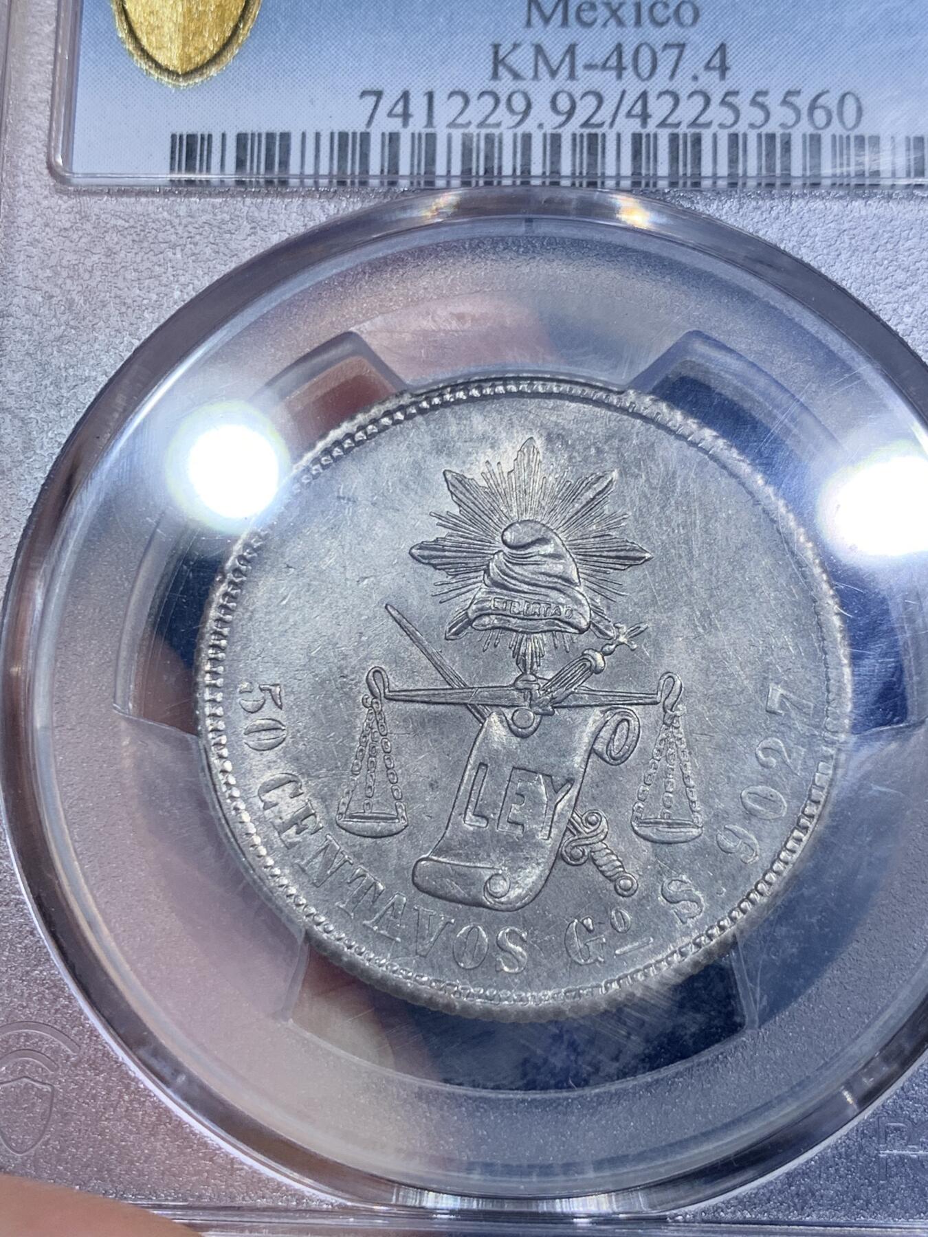 《竞宝斋》第290场- 周日，周一，周二 3场连拍 （全场包邮） PCGS UNCD 墨西哥1877少见天平鹰洋50分银币 50C数量远少于1比索 此枚带灰色包浆 细节精美
