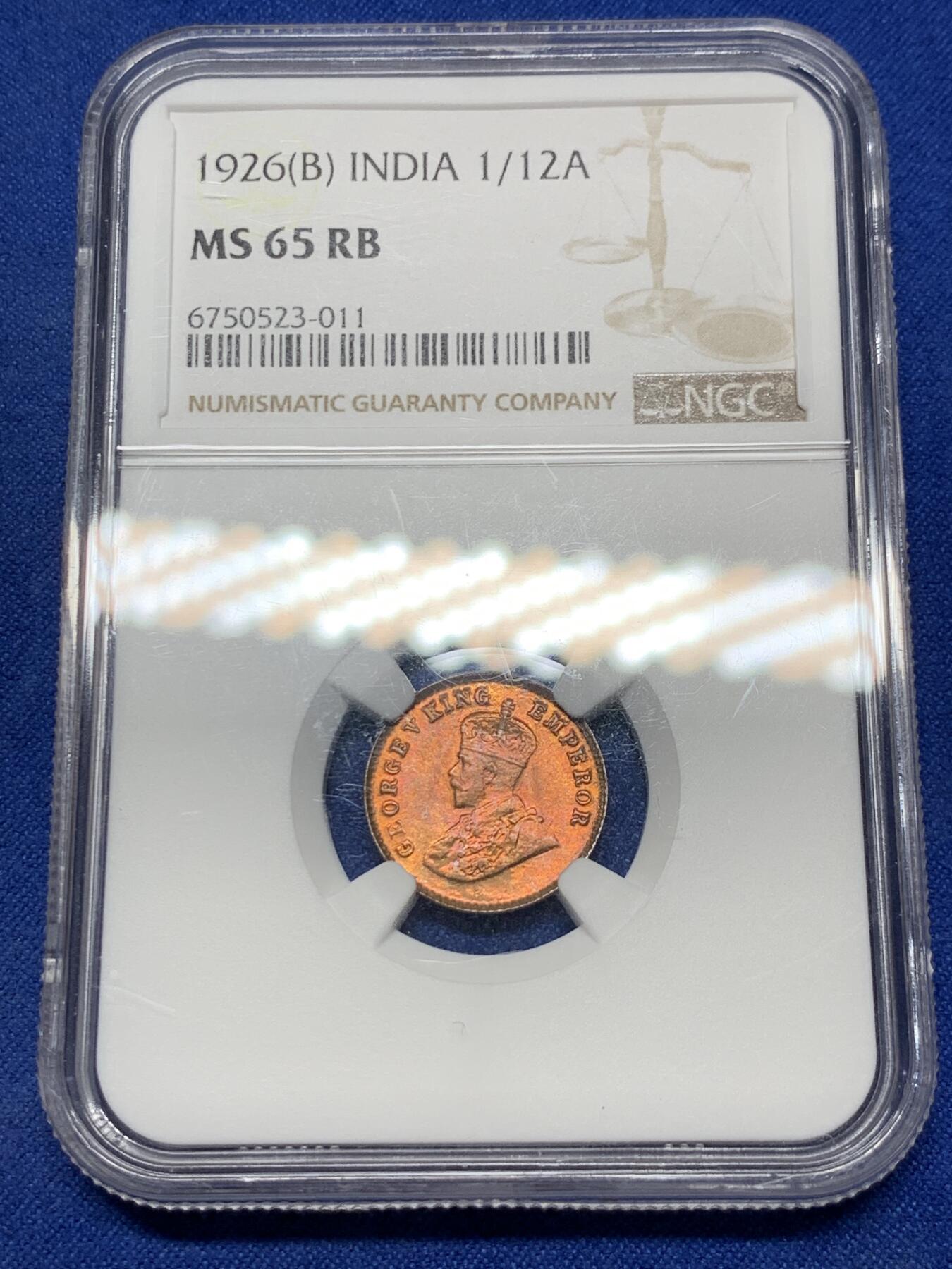《竞宝斋》第290场- 周日，周一，周二 3场连拍 （全场包邮） NGC MS65 英属 1926 印度1/12安娜铜币 小铜币高分难得尤其是三哥那气候 季军分
