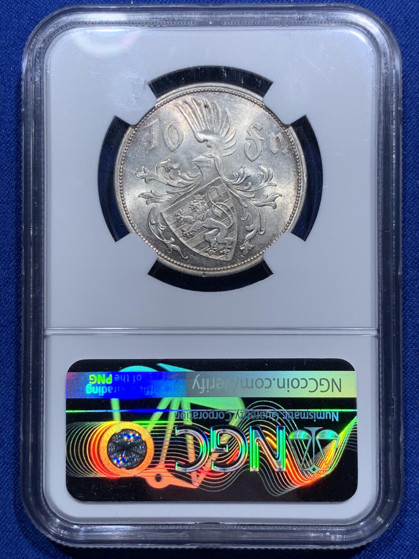 《竞宝斋》第290场- 周日，周一，周二 3场连拍 （全场包邮） NGC MS62 卢森堡1929年夏洛特女大公年轻头像10法郎银币 NGC同分5枚 更高分30枚