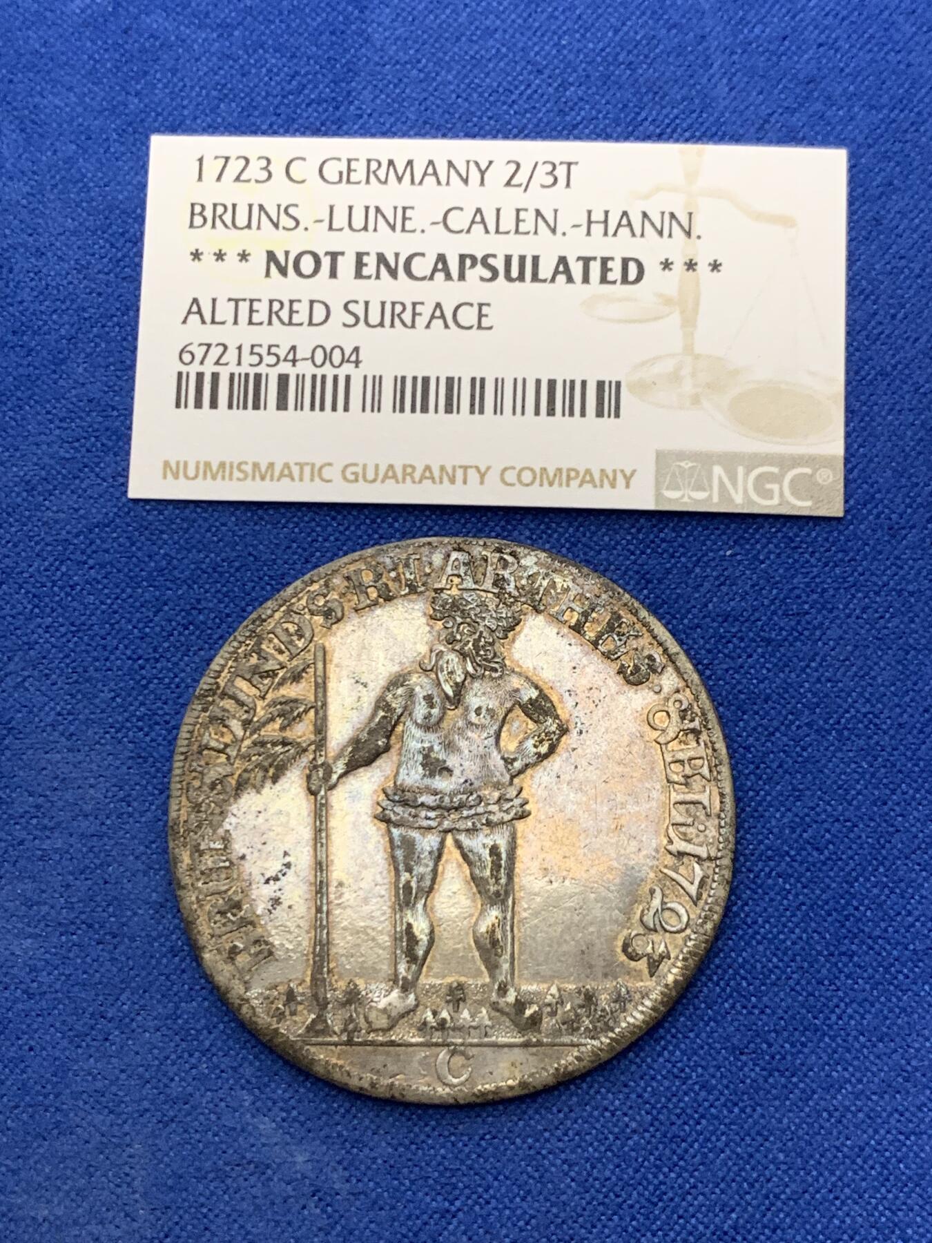 《竞宝斋》第290场- 周日，周一，周二 3场连拍 （全场包邮） 1723德国布伦斯维克-隆伯格-卡伦伯格-汉诺威野人2/3泰勒银币 这个时期币工艺问题有弧度 需要注意