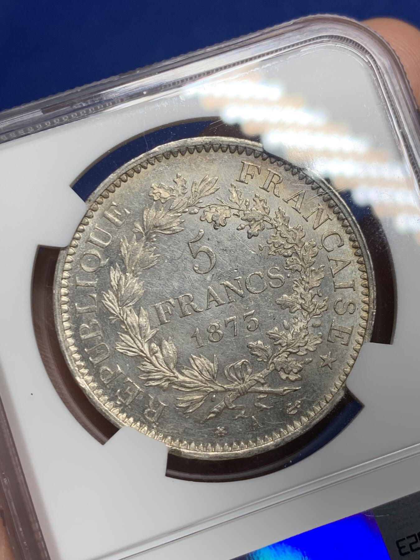 《竞宝斋》第290场- 周日，周一，周二 3场连拍 （全场包邮） NGC UNCD 法国1873年大力神5法郎银币