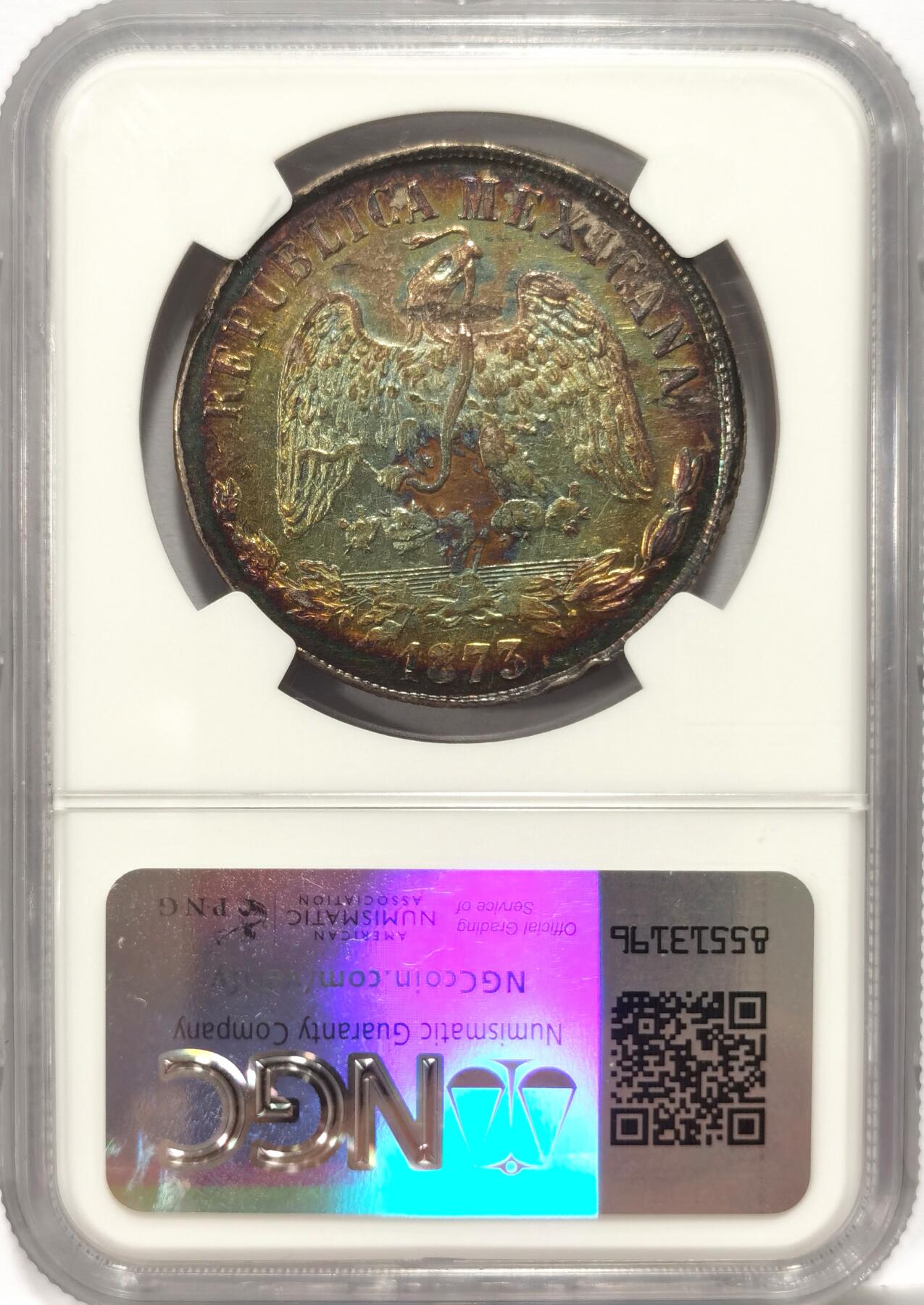 博洋堂“夏光旖旎”7月精品专场暨第085期（全场包邮） NGC AU91 1873年DO P版天平鹰洋银币，非常非常少见的杜兰戈厂天平鹰洋，ngc有分没分的加一起一共只有七枚评级记录。近二十年海外大拍中该品种极其难寻，每出现一枚即会被疯抢。这个品种au无分一共两枚，另一枚au92在今年5月HA的拍卖中528美元成交，此枚原味超级五彩包浆，上海n给AT难以理解，重评大概率有分