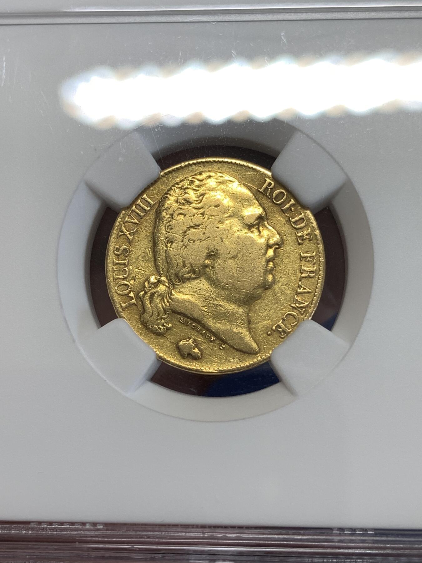 《竞宝斋》第290场- 周日，周一，周二 3场连拍 （全场包邮） NGC VF35 法国路易十八20法郎金币 6.45克 略有低评