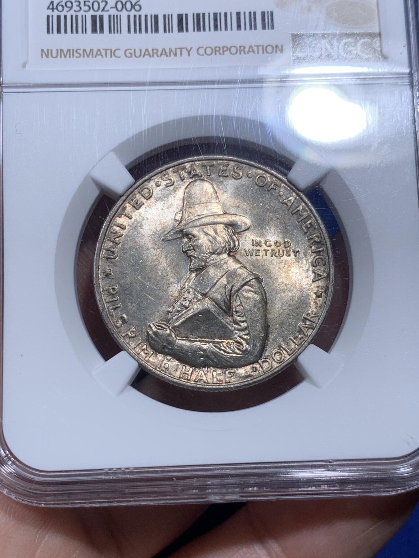 《竞宝斋》第290场- 周日，周一，周二 3场连拍 （全场包邮） NGC MS64 美国 1920年 五月花号/清教徒移民 半美元  背面五月花号呼之欲出 非常漂亮的设计